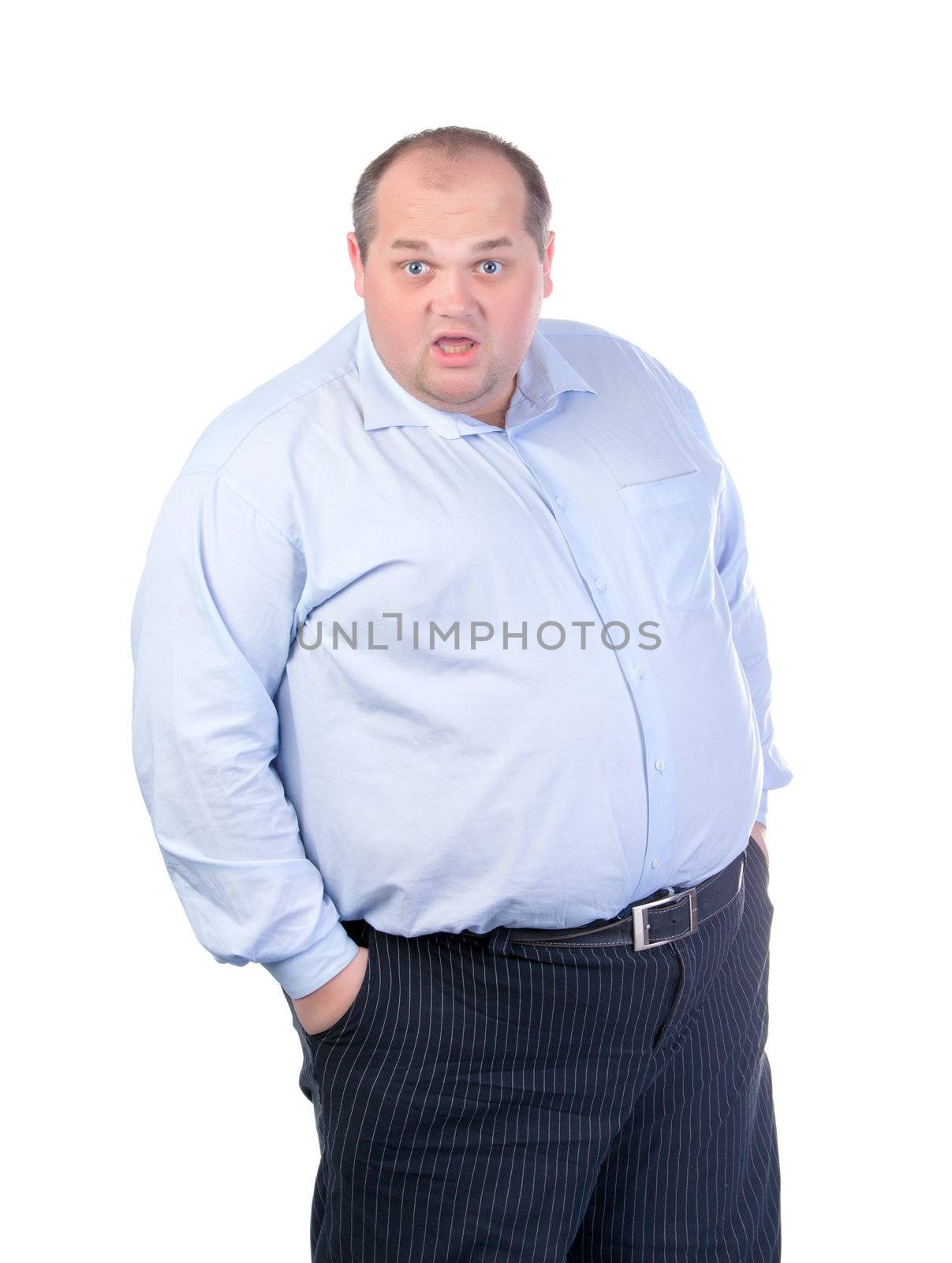 Fat Man in a Blue Shirt, Contorts Antics, isolated