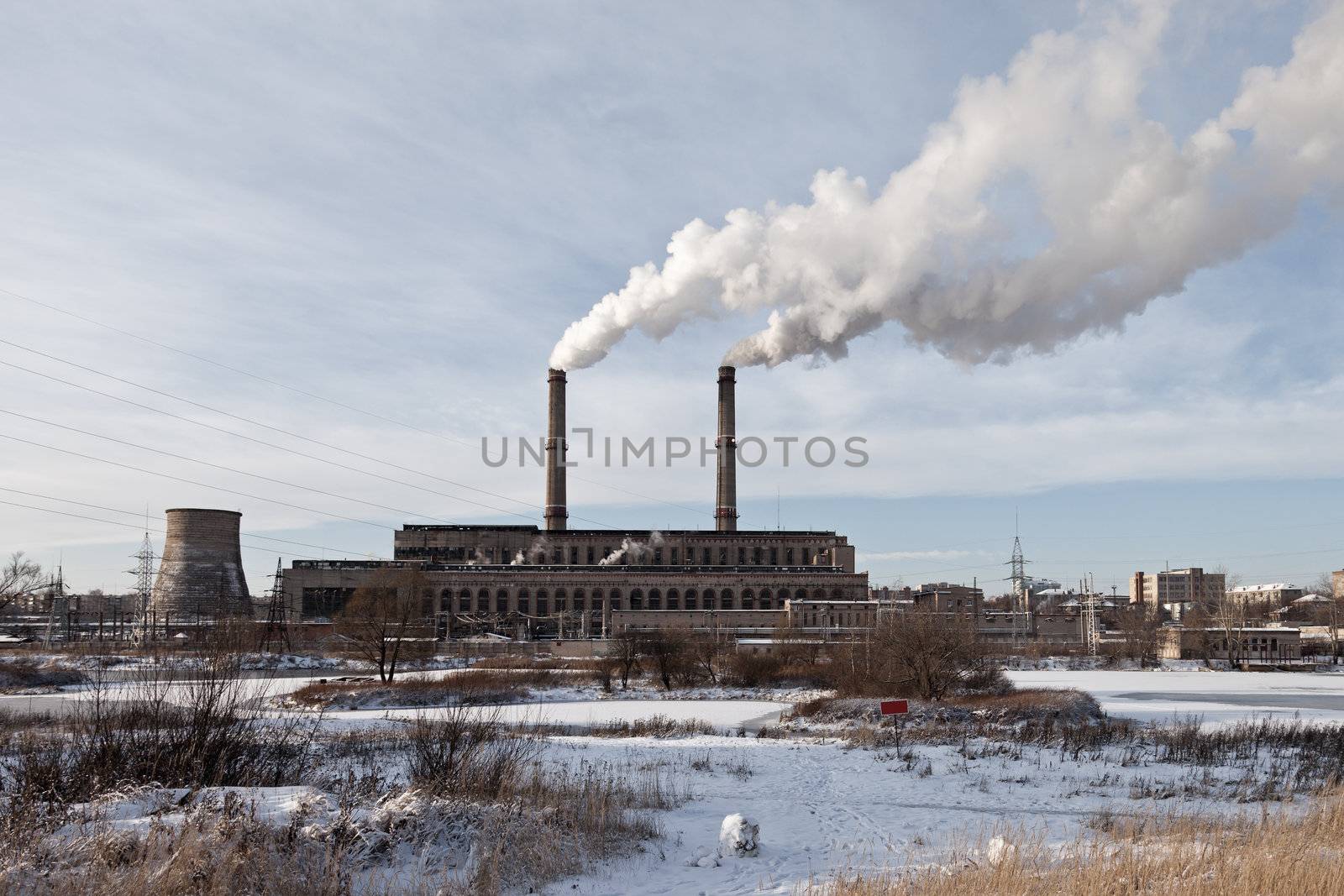 Smoke over sky from pipe of power fuel generation industry factory plant