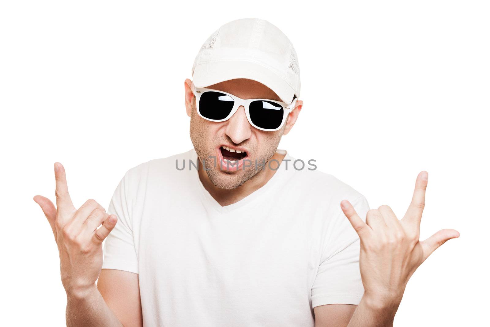 Cool smiling man in sunglasses gesturing white isolated