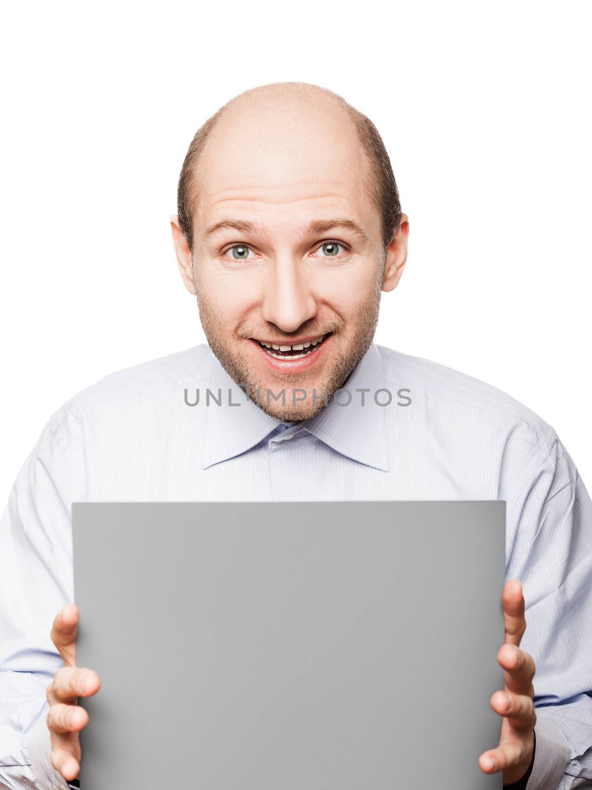 Bald smiling man hand holding grey empty blank card