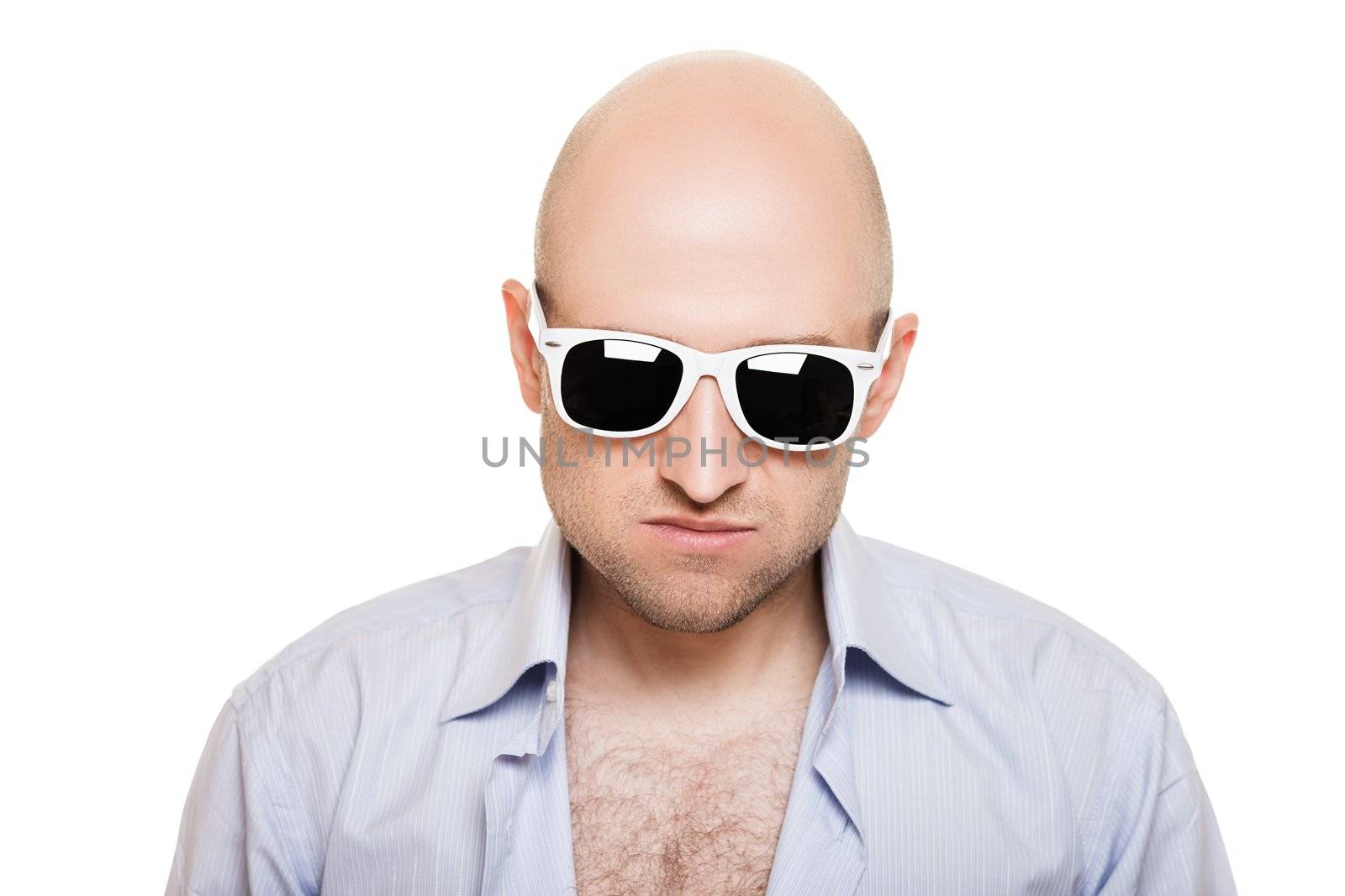 Cool smiling bald or shaved head man in sunglasses white isolated