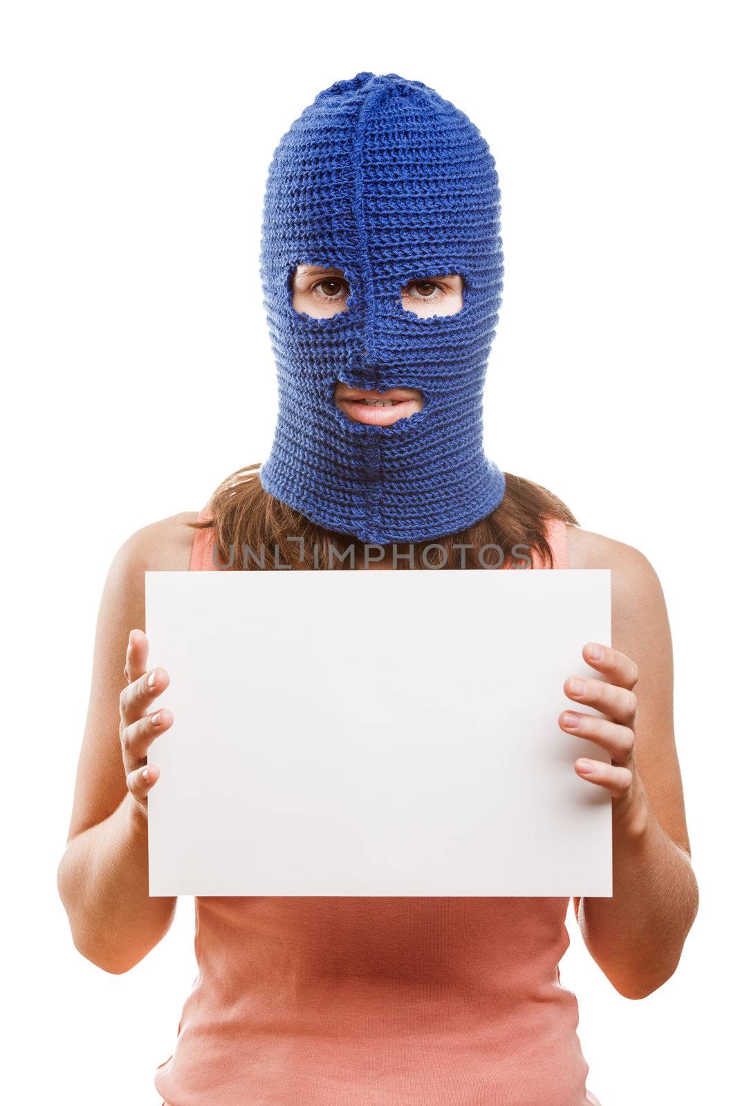 Russian protest movement concept - woman wearing balaclava or mask on head holding blank white card in hands white isolated