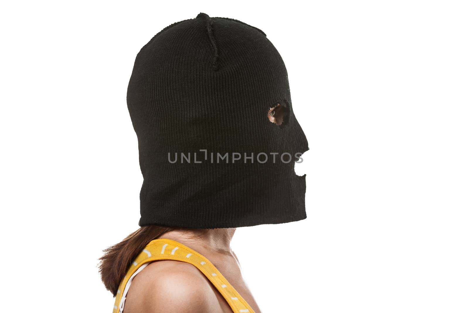 Russian protest movement concept - woman wearing balaclava or mask on head white isolated