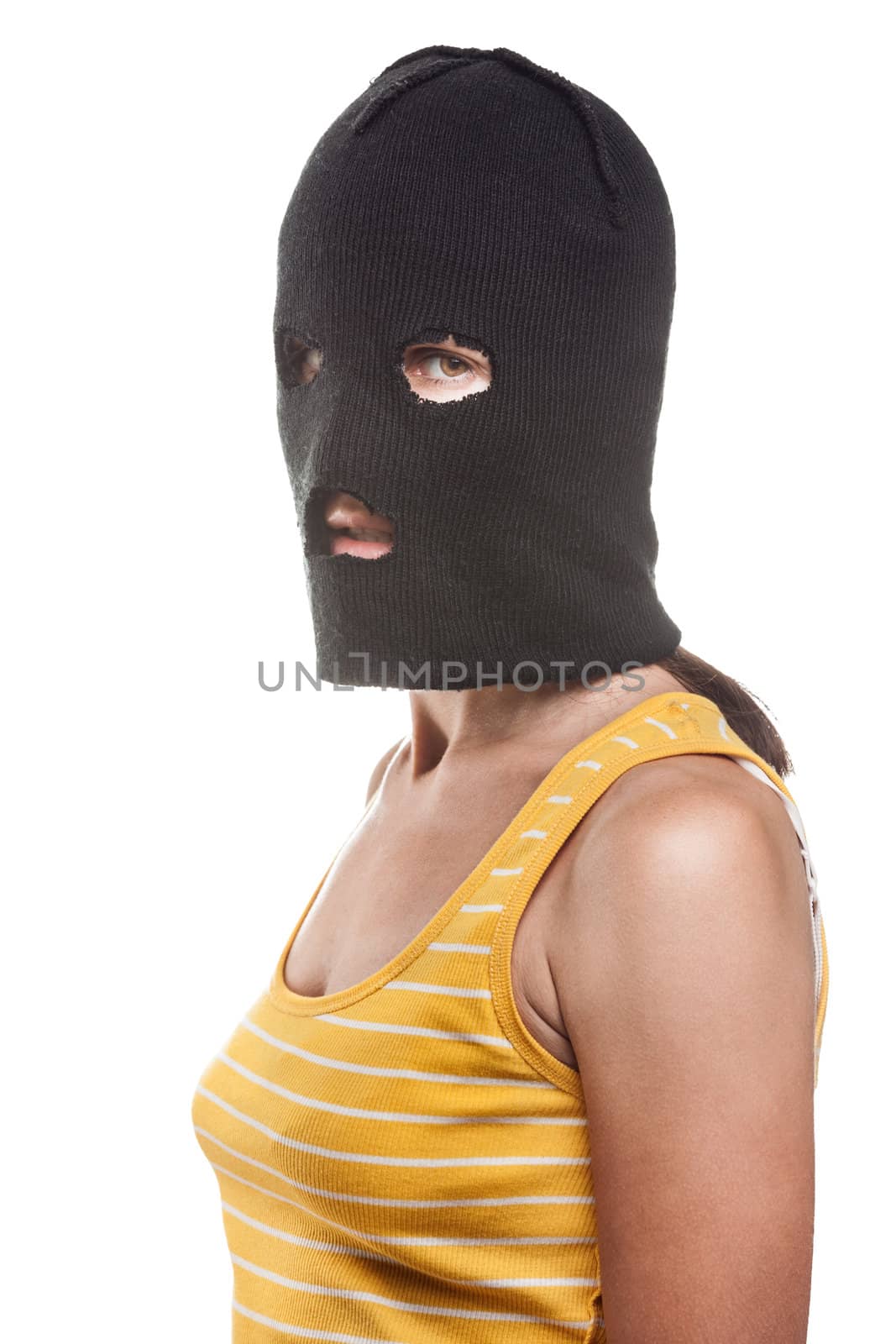 Russian protest movement concept - woman wearing balaclava or mask on head white isolated