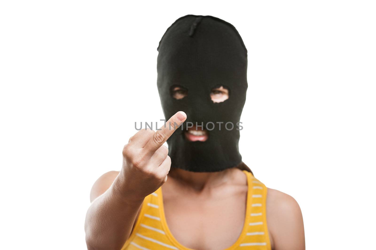 Russian protest movement concept - woman wearing balaclava or mask on head showing middle finger hand gesture white isolated