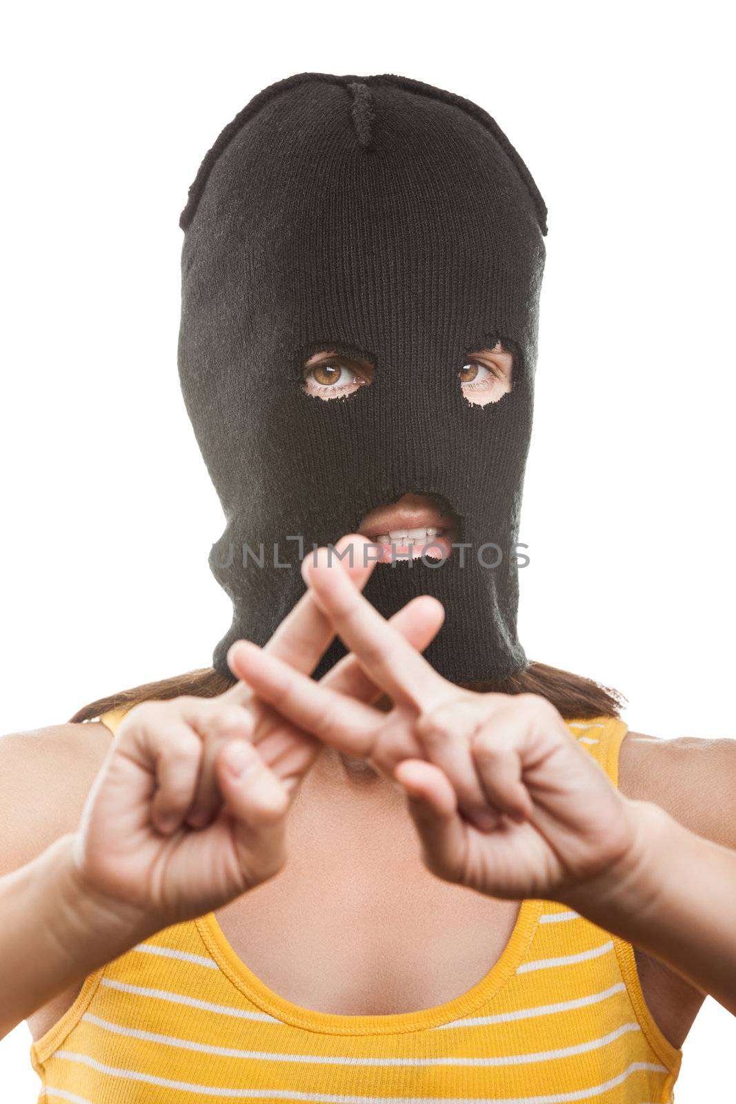 Russian protest movement concept - woman wearing balaclava or mask on head showing jail or prison finger gesture white isolated