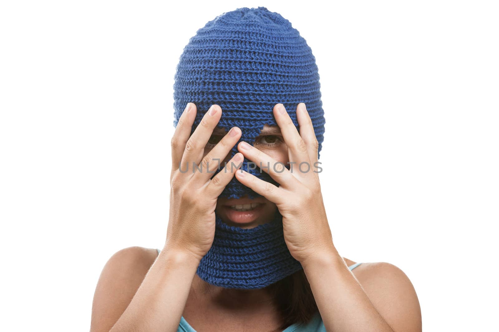 Woman in balaclava hiding face by ia_64