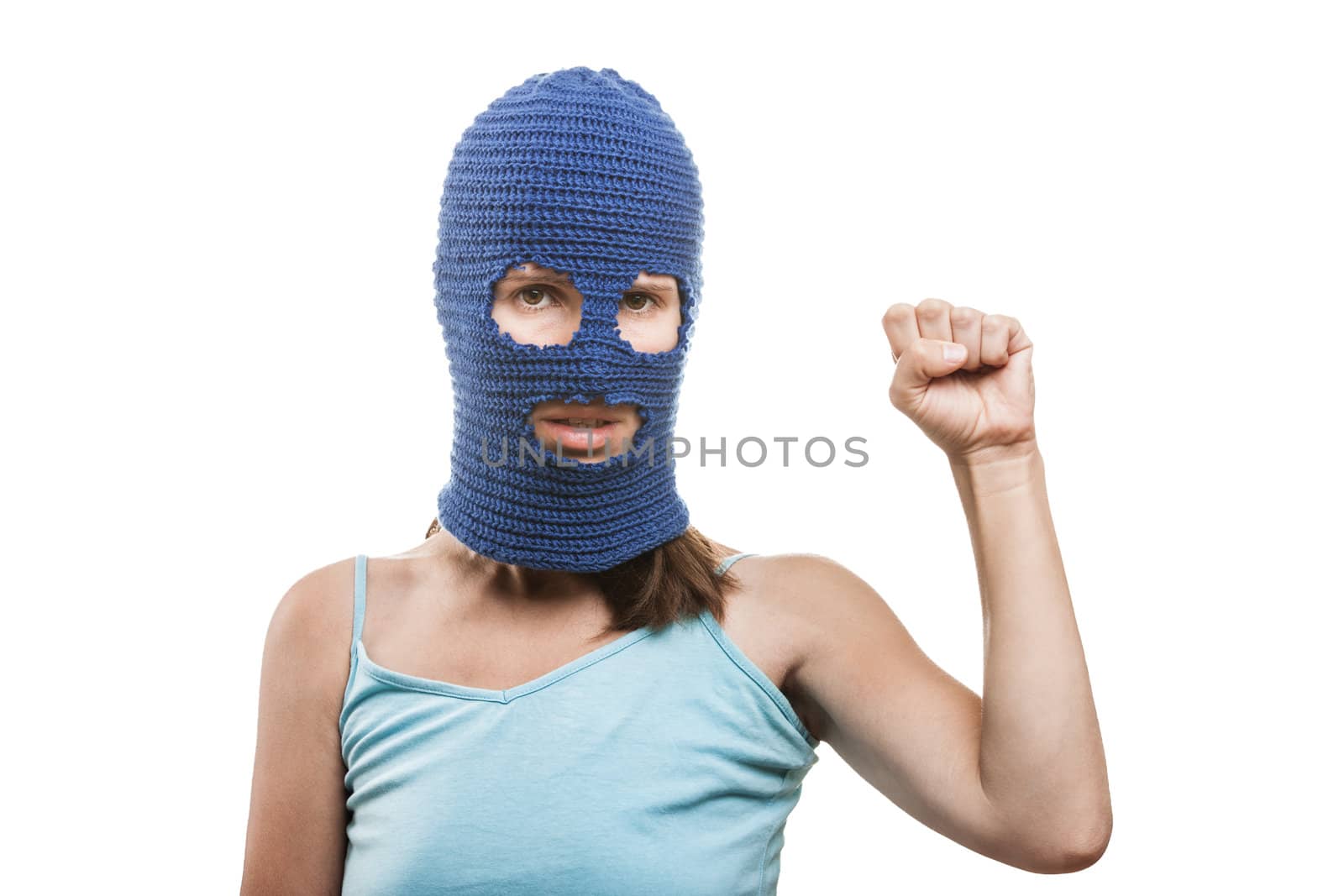 Russian protest movement concept - woman wearing balaclava or mask on head showing raised fist hand gesture white isolated