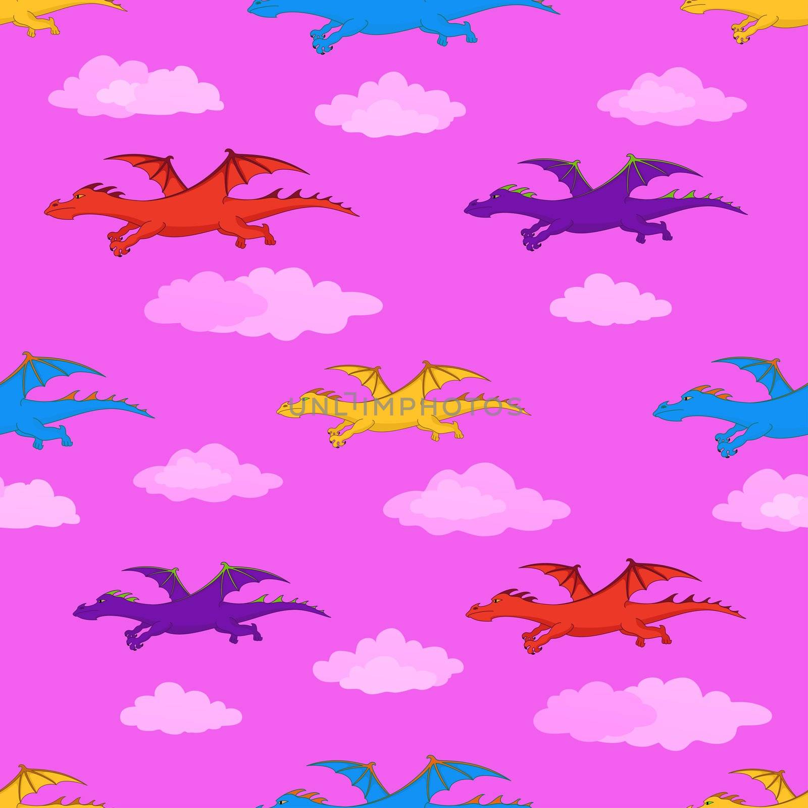 Seamless background, colorful winged dragons flies in pink sky