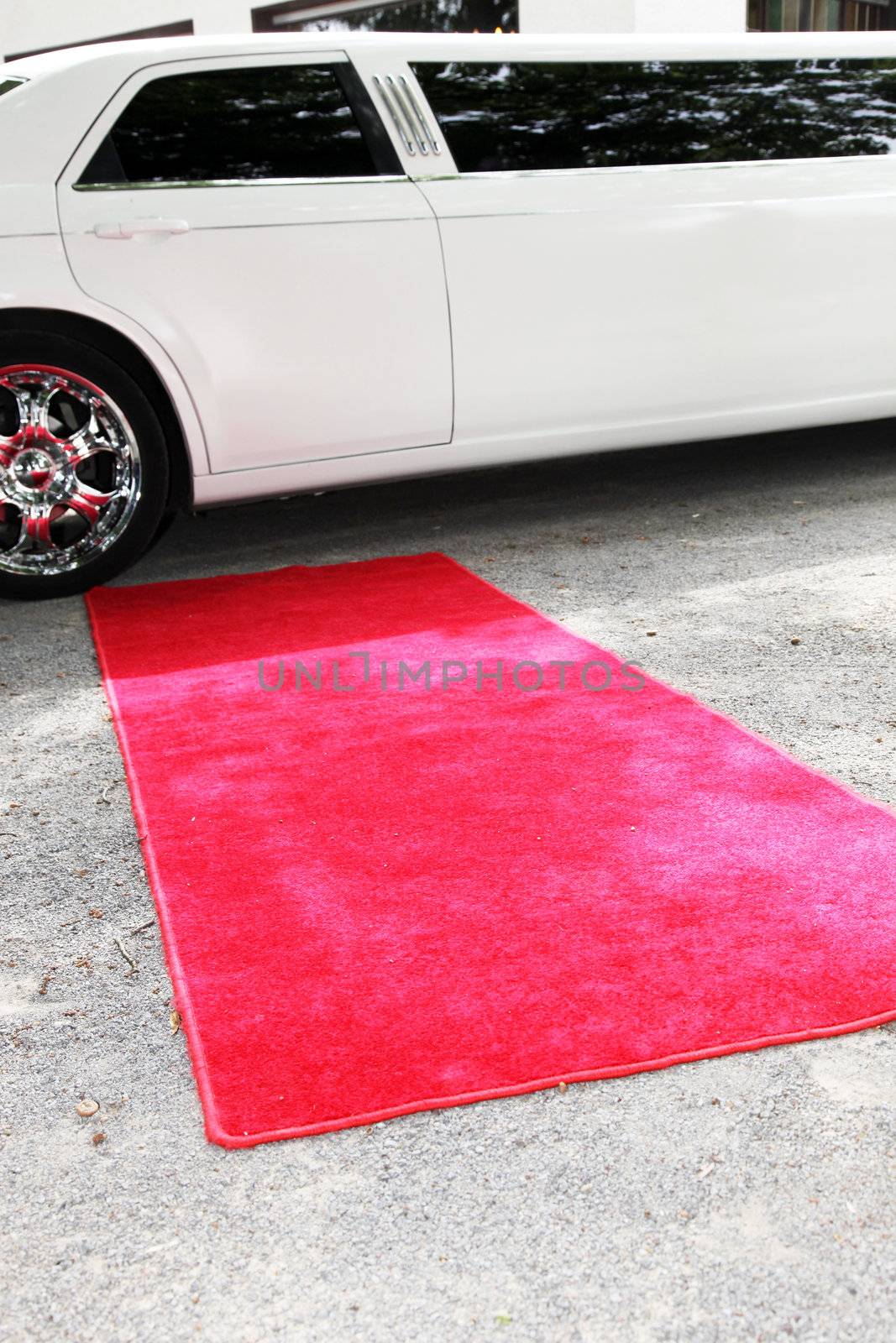 White stretch limousine and empty red carpet for those VIP guests or a prestige luxury function or celebration Limousine and empty red carpet for those VIP guests or a prestige luxury function 