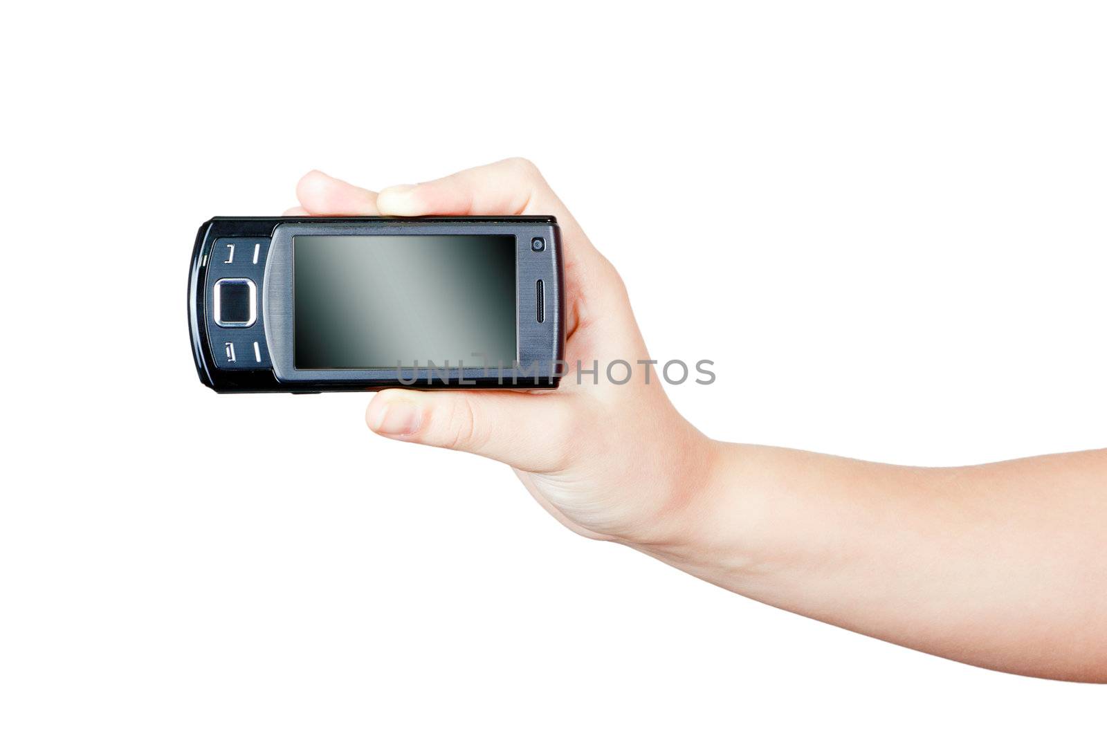 hand holding a black mobile phone on white background