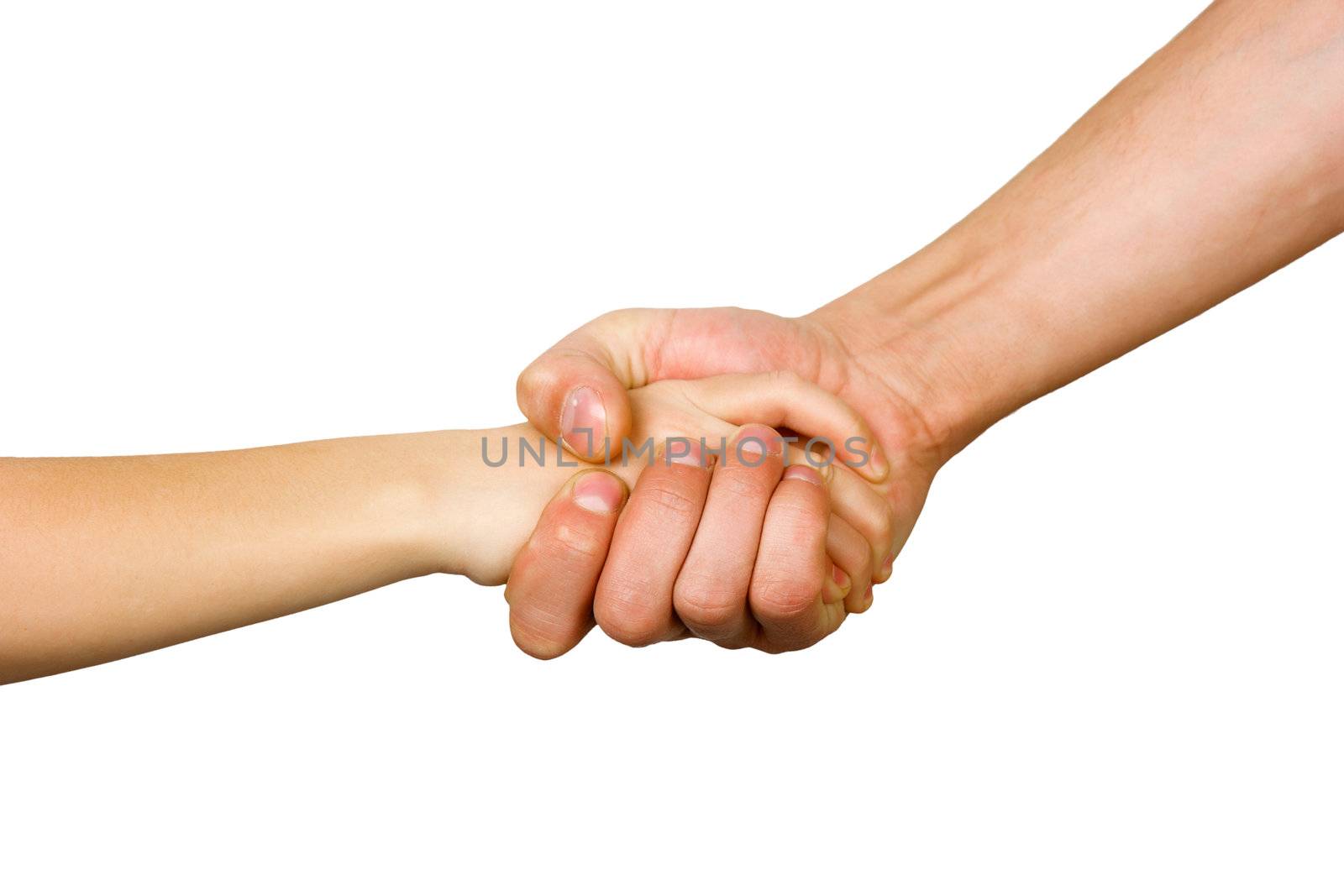 man's hand squeezes the small hand of the child on a white background isolated