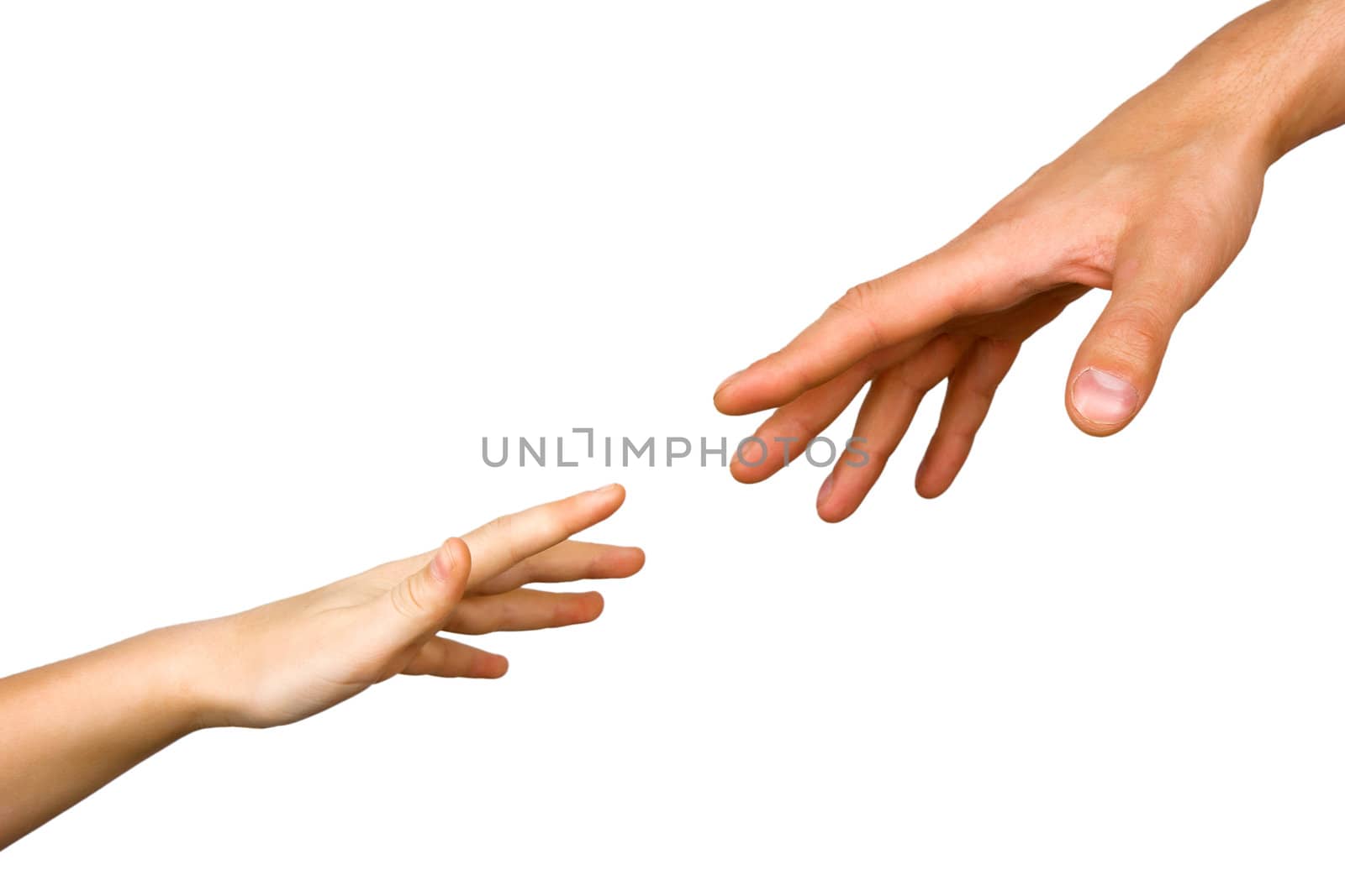 small child's hand reaches for the big hand man isolated on white background