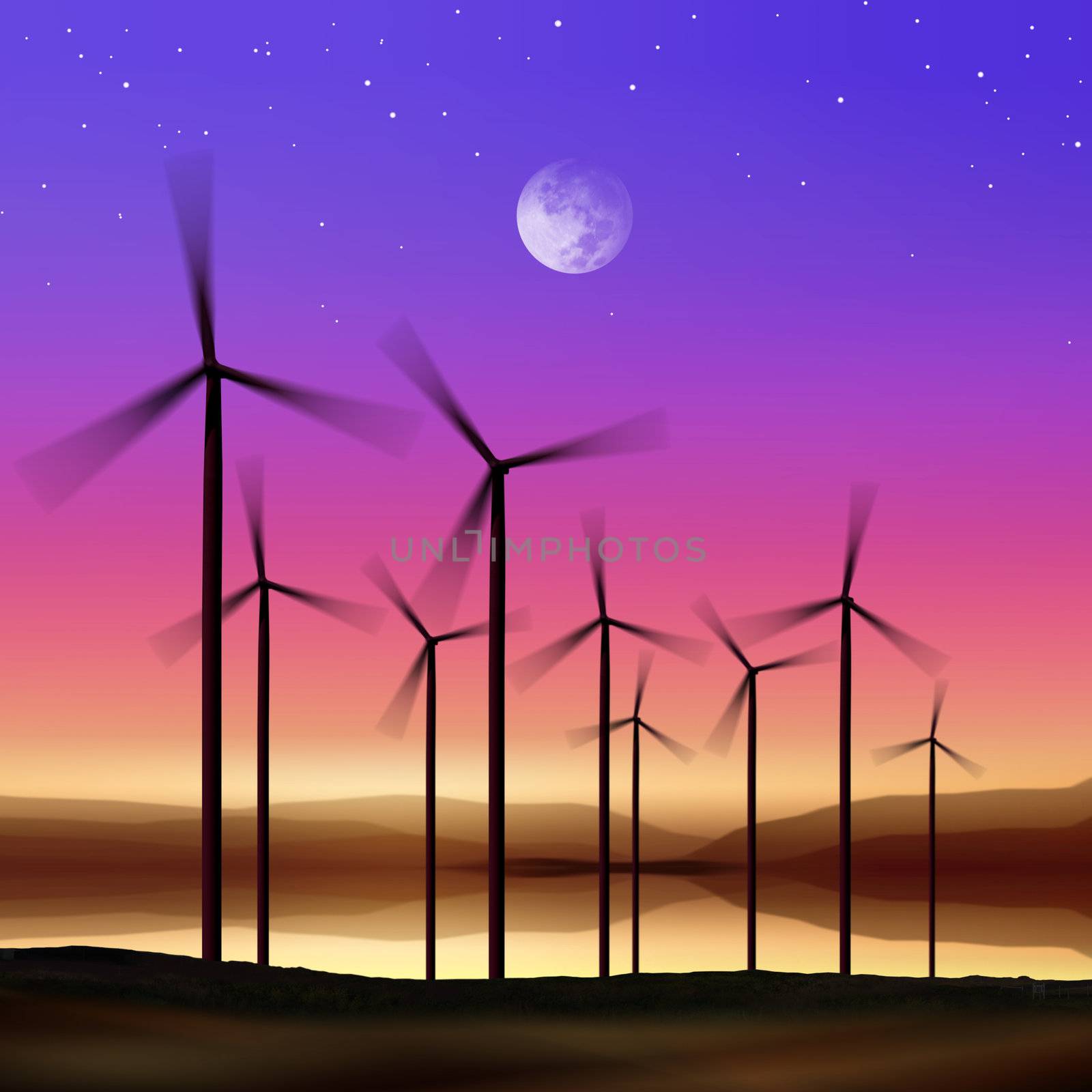 silhouette of wind turbines generating electricity on night sky