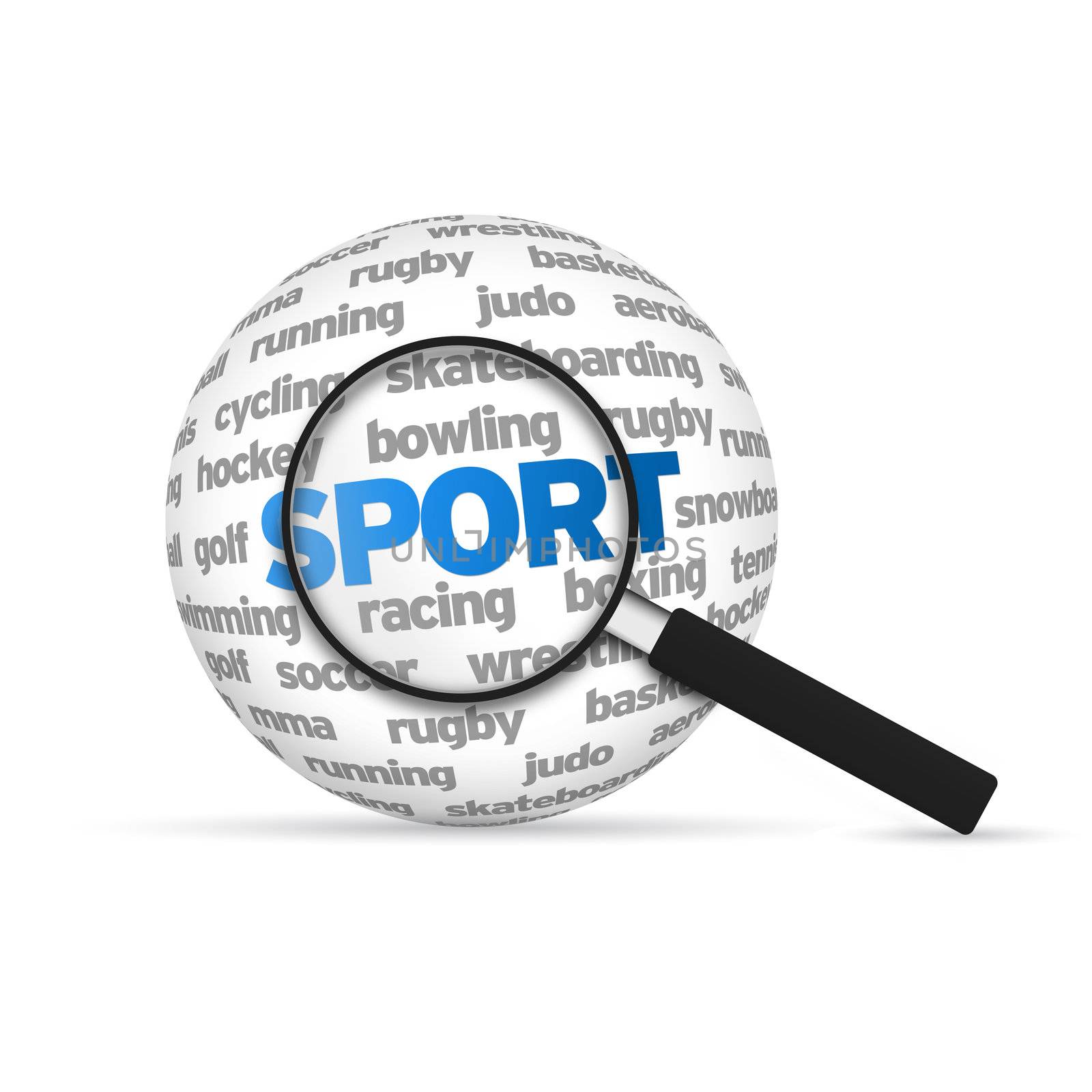 Sport 3d Word Sphere with magnifying glass on white background.