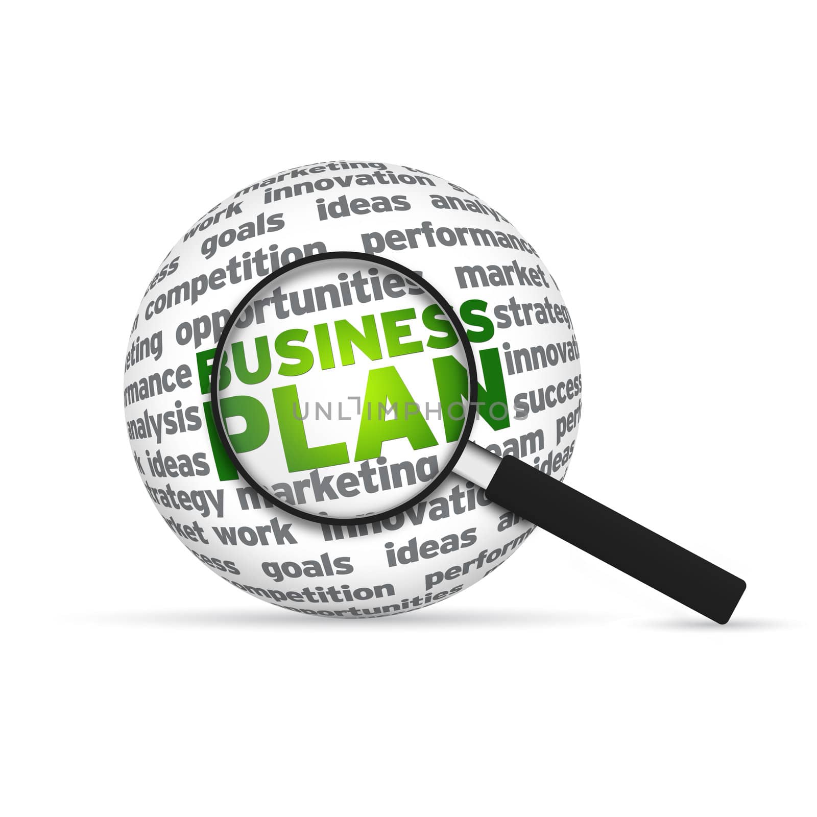 Business Plan 3d Word Sphere with magnifying glass on white background.