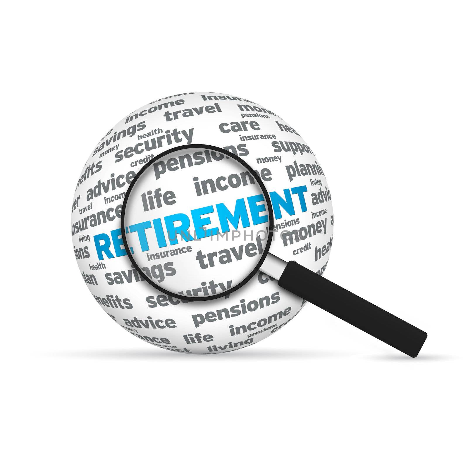 Retirement 3d Word Sphere with magnifying glass on white background.