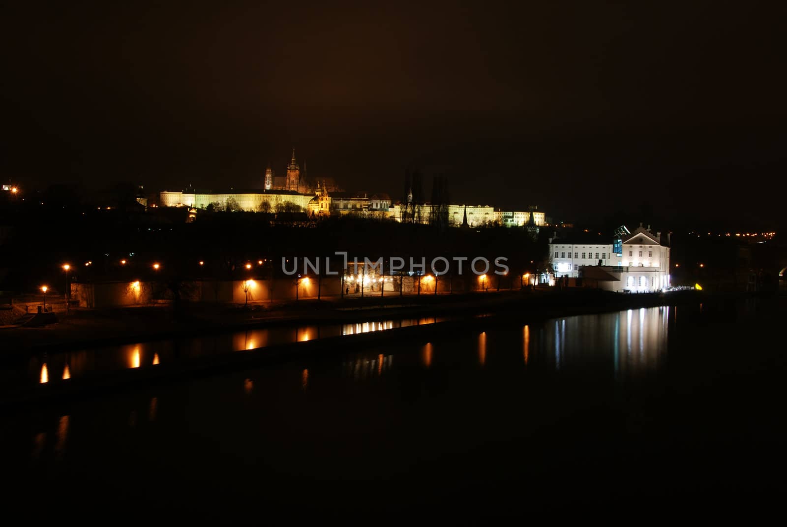 Prague castle after sunset is getting blue and gold