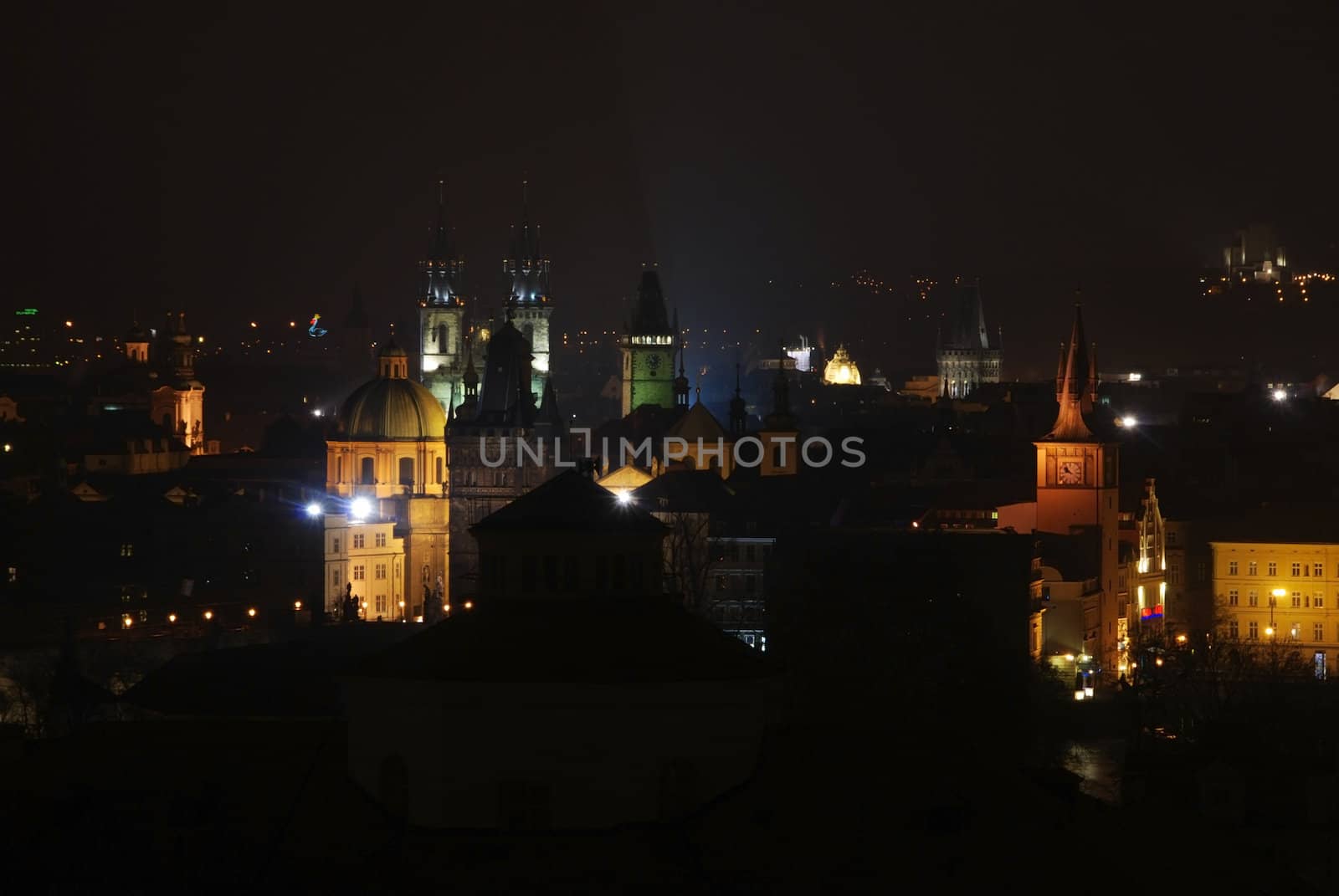 Prague landmarks seen from above at night