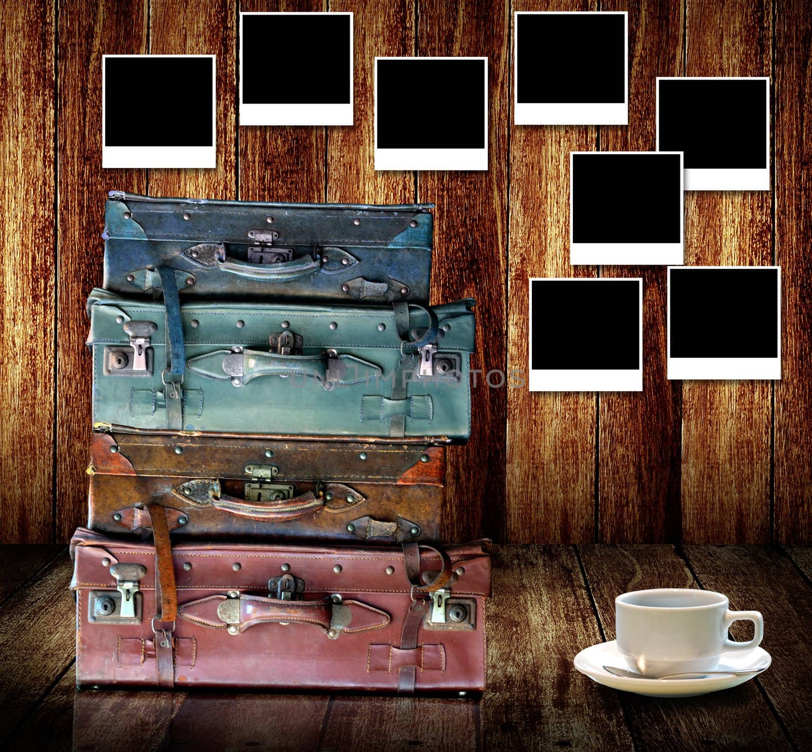 Good memories concept, Vintage travel luggage with hot coffee cup