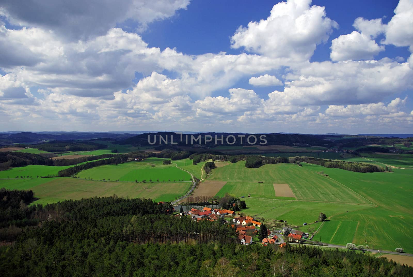 Rural landscape with green fields, village and blue sky