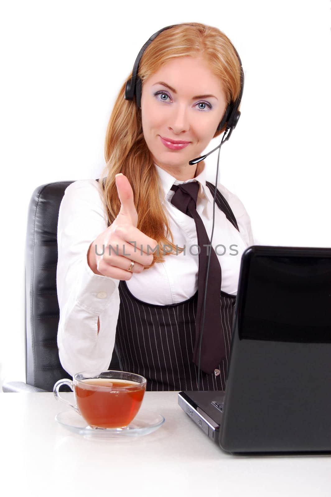 Help-line woman assistant with thumb up by Angel_a