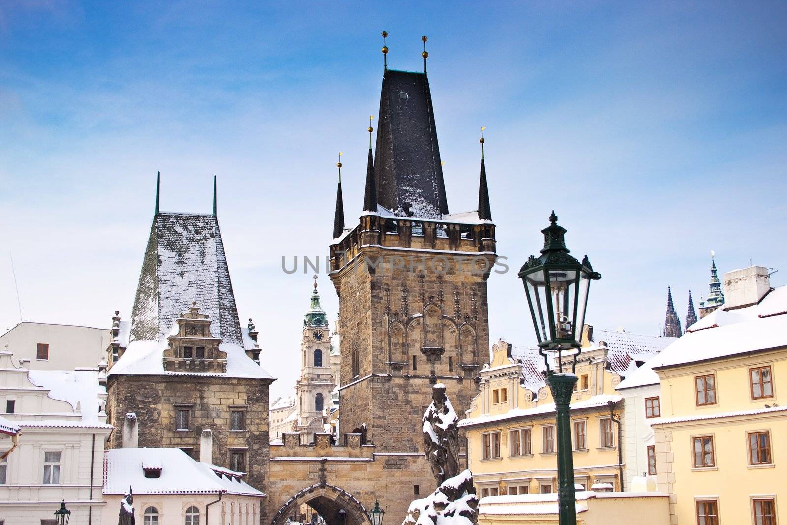Karlov or charles bridge in Prague in winter