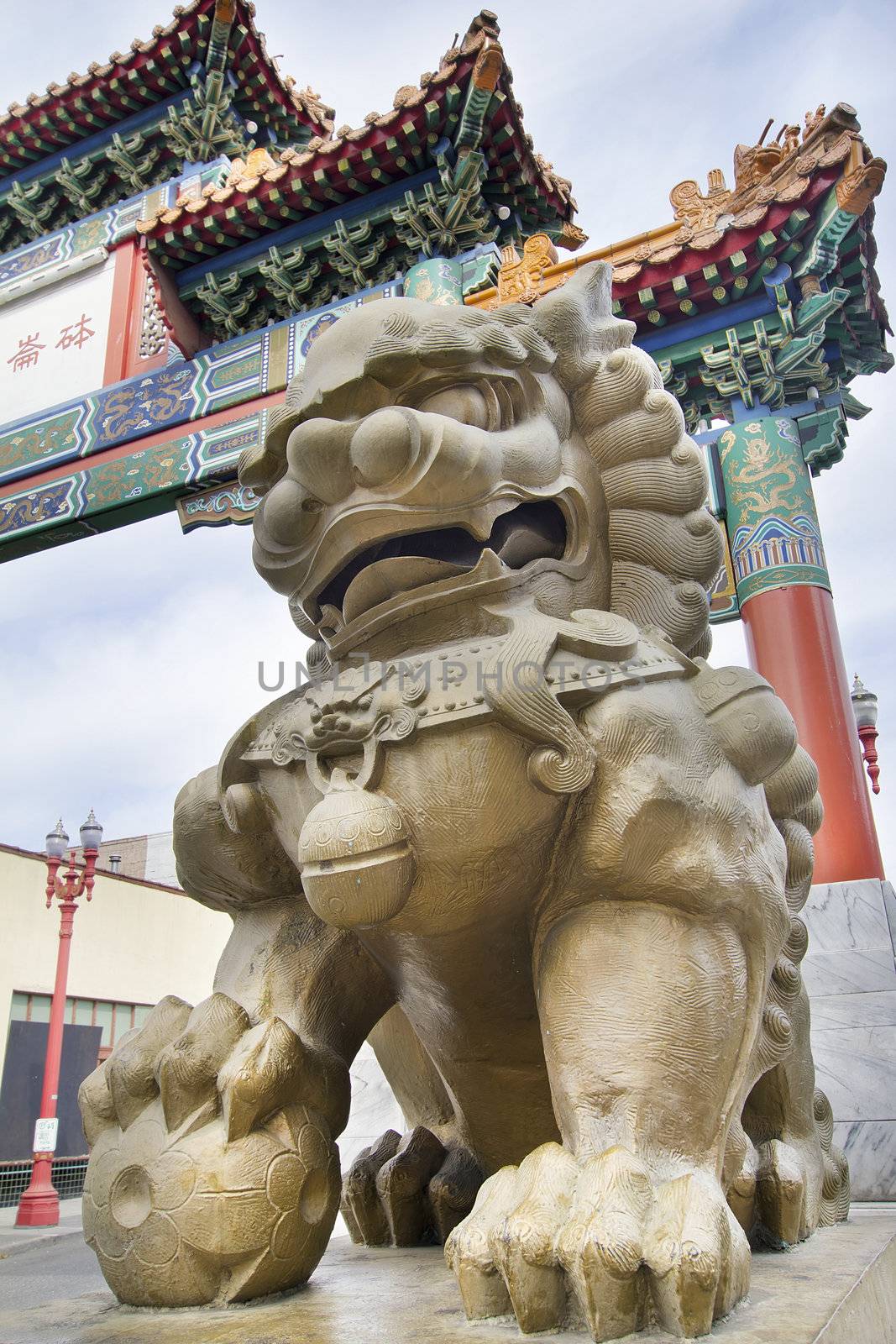 Chinese Male Foo Dog Prosperity Lion Statue at Chinatown Gate in Portland Oregon