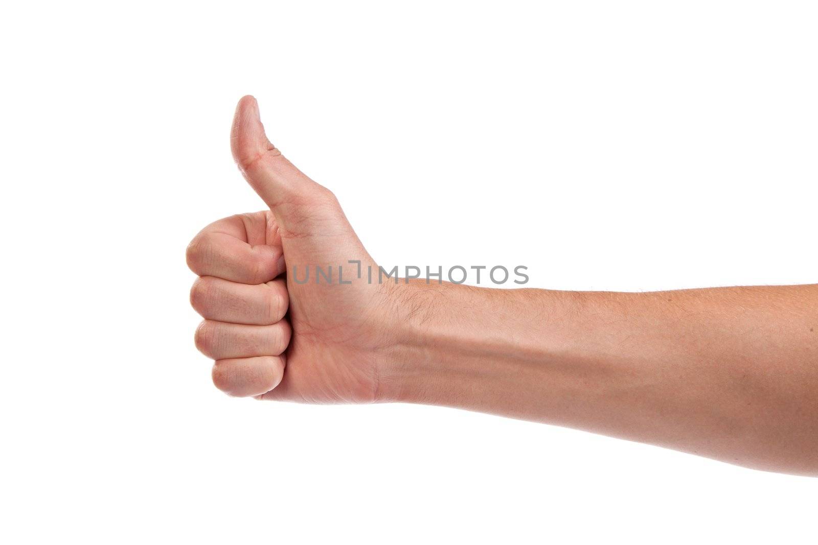 Closeup of male hand showing thumbs up sign isolated against white background