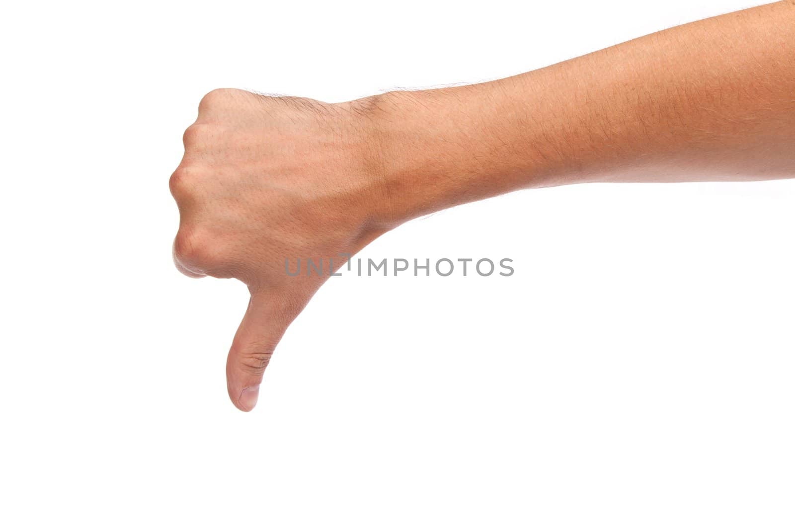 Thumb down male hand sign isolated on a white bakground