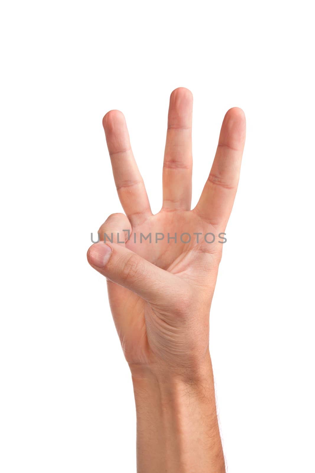 Male hand is showing three fingers isolated on white background