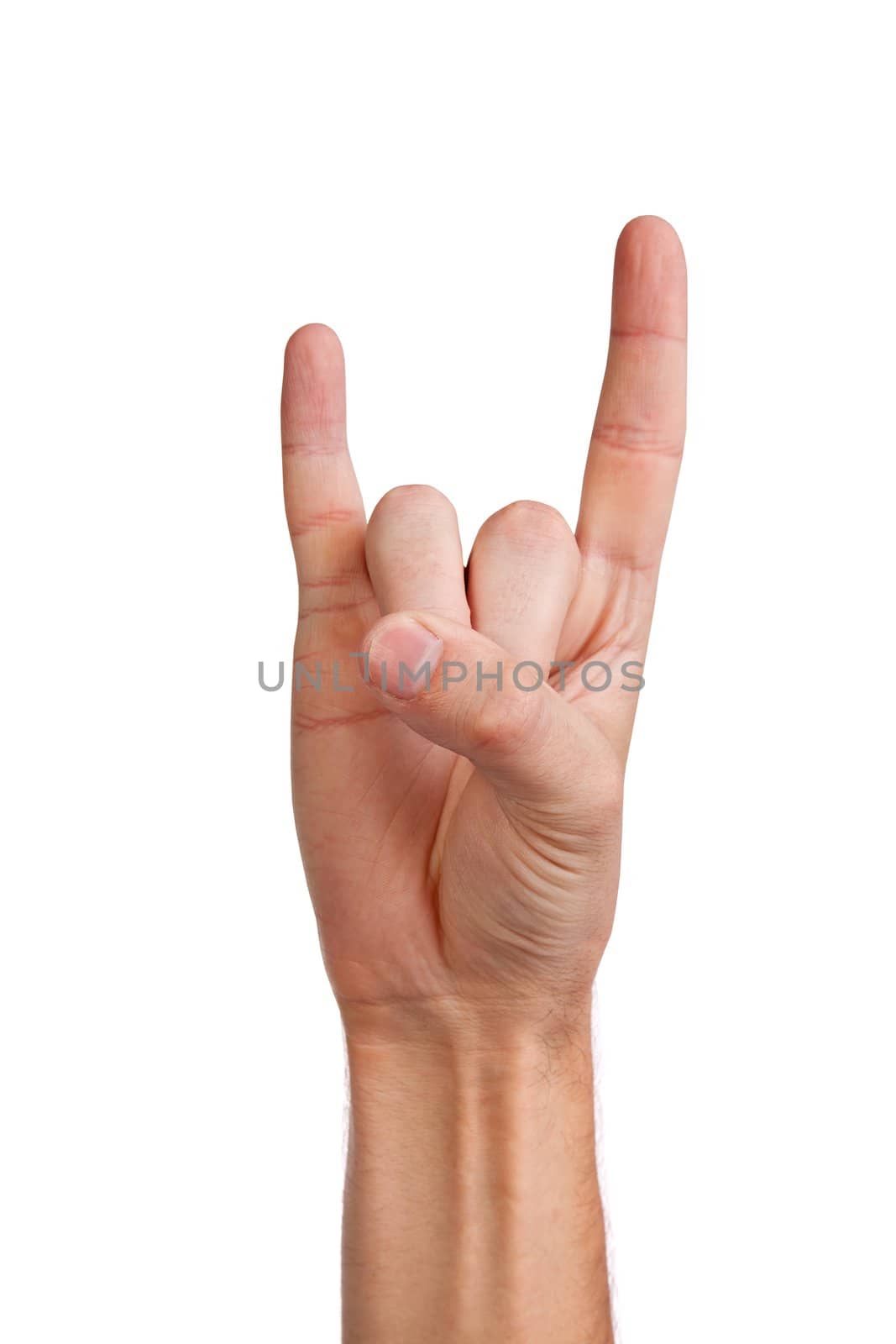 A man's hand giving the Rock and Roll sign isolated on a white background