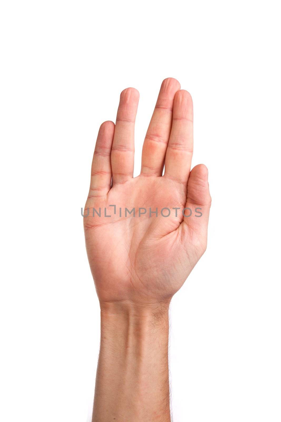 Male palm hand vulcan gesture, isolated on a white background