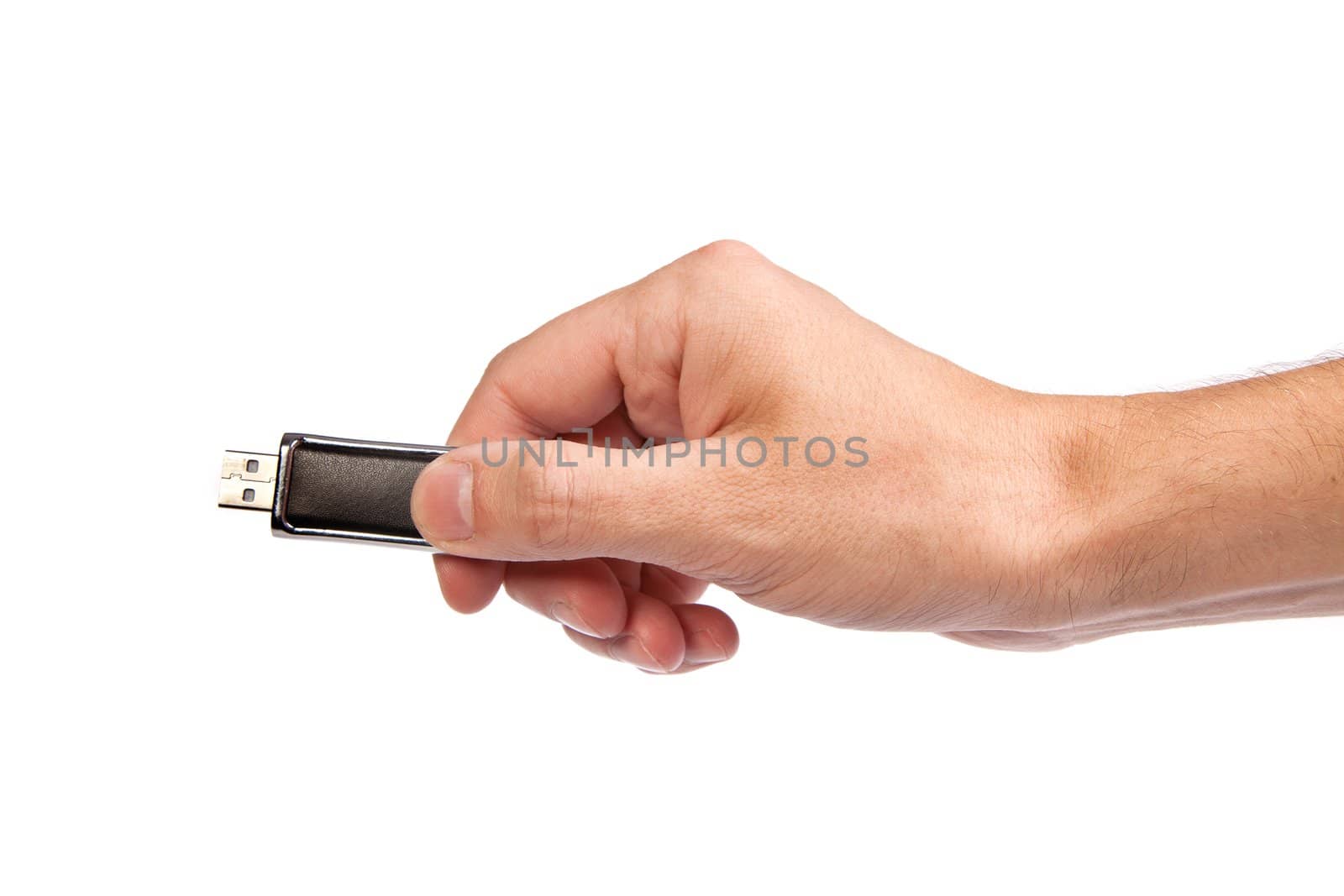 Closeup image: hand holding black USB data storage or connecting computer device with USB cable, isolated on white background