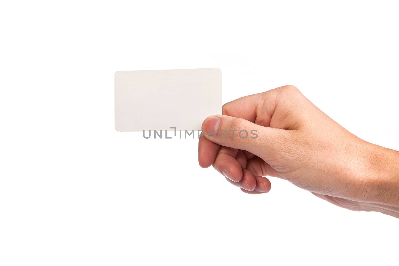 Businessman's hand holding blank paper business card, closeup isolated on white background