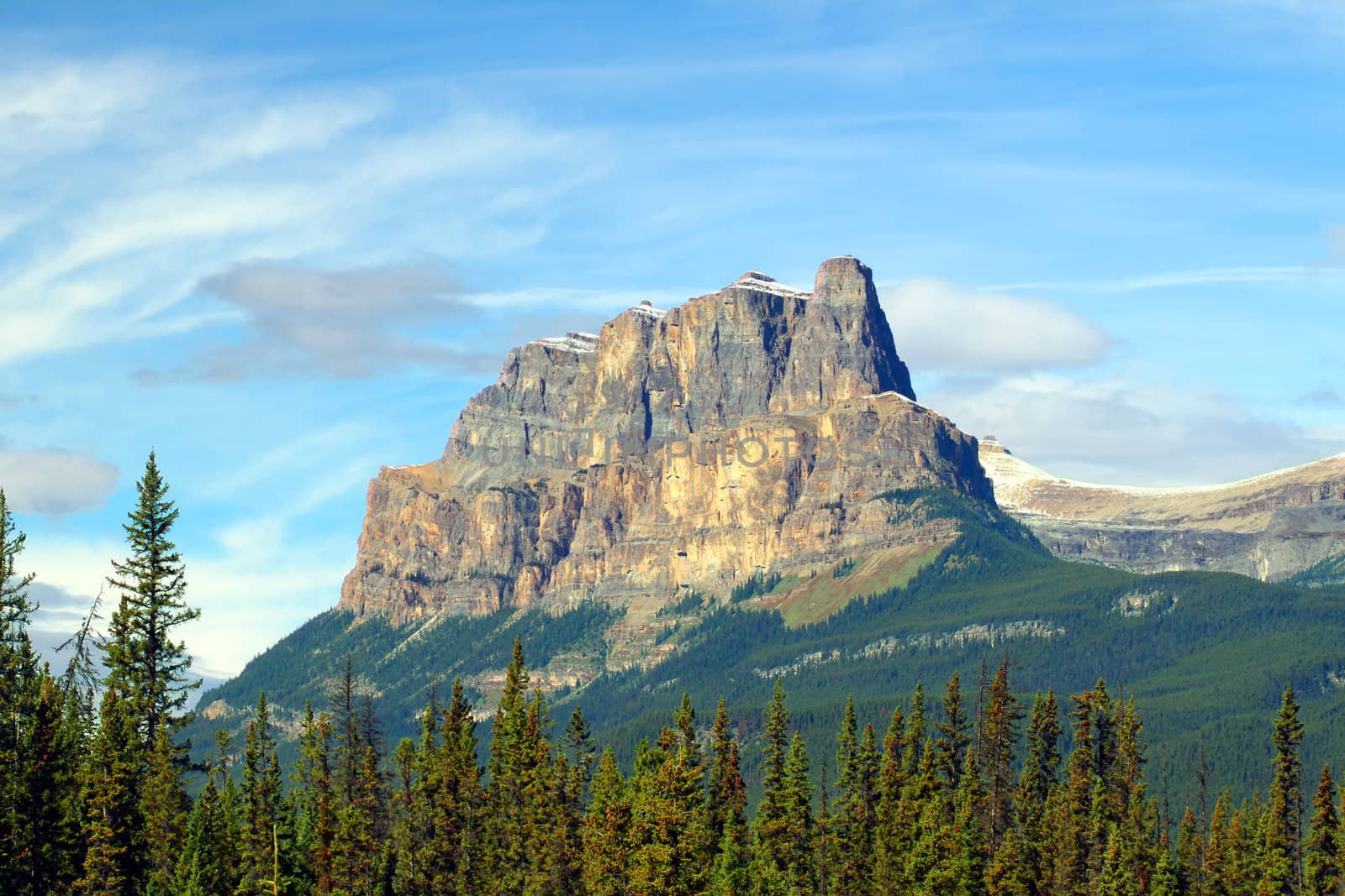 View of Castle Mountain on a gorgeous day in Banff National Park of Canada.