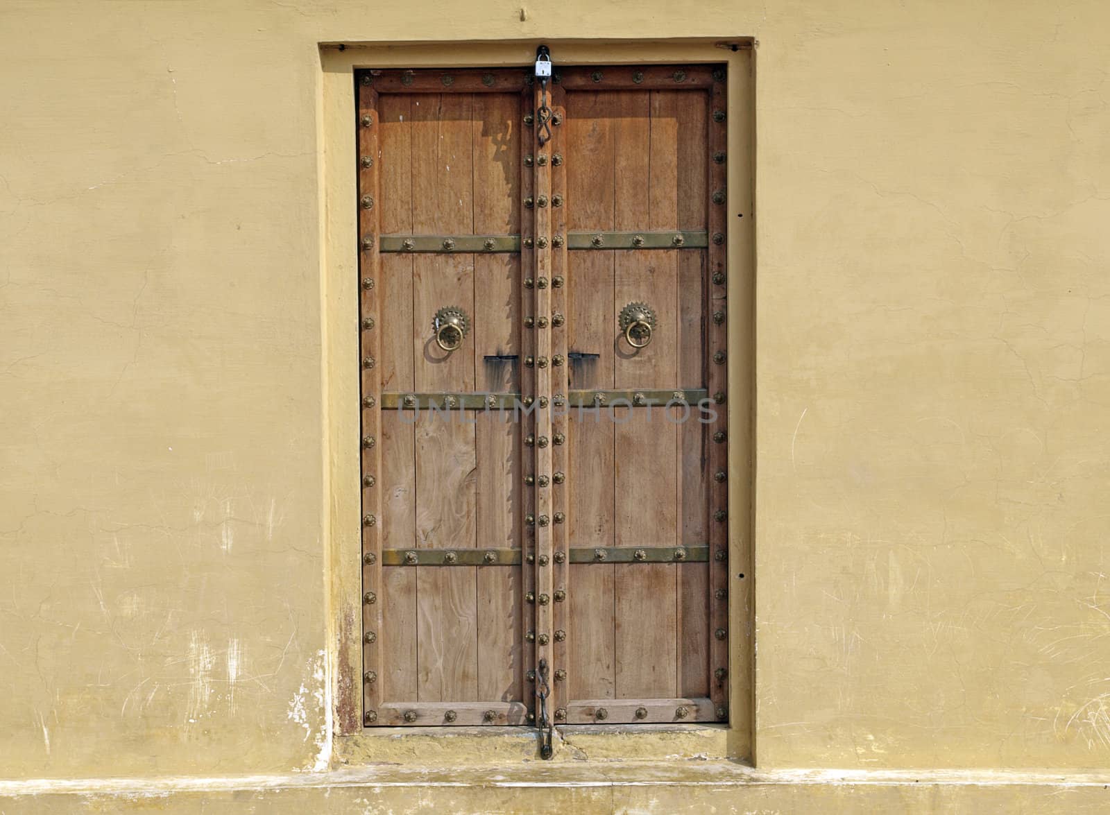 Classic wooden door in Jantar Mantar Astronomical Observatory, Jaipur, India