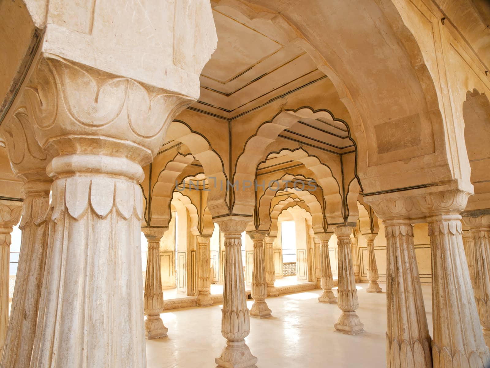 Columned hall of Amber fort. Jaipur, India