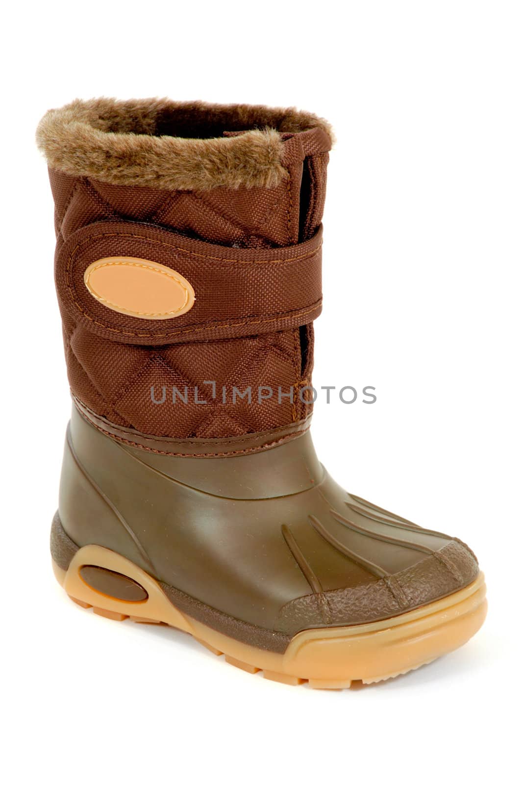 A green and brown winter boot taken on a white background.