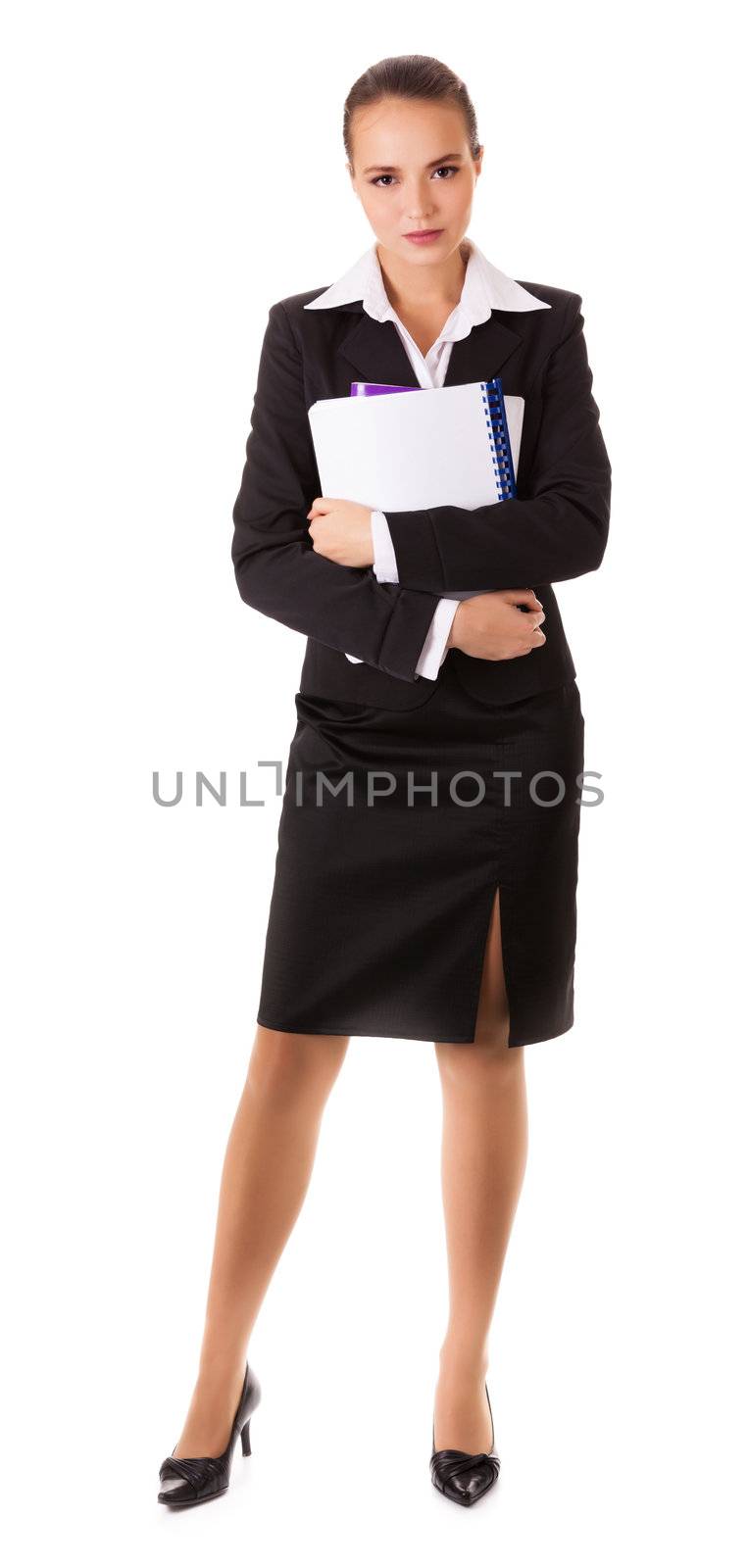 Full length young business woman with files and books in her hand isolated on white background 