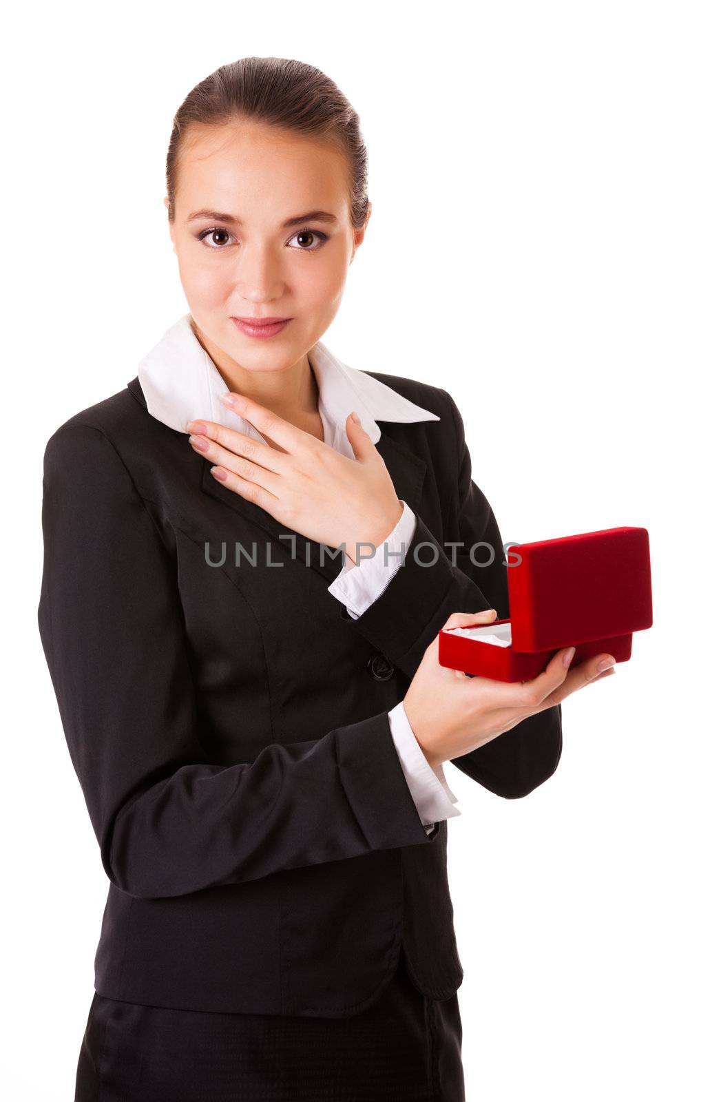 Admired business woman with open jewel box. Isolated on white background