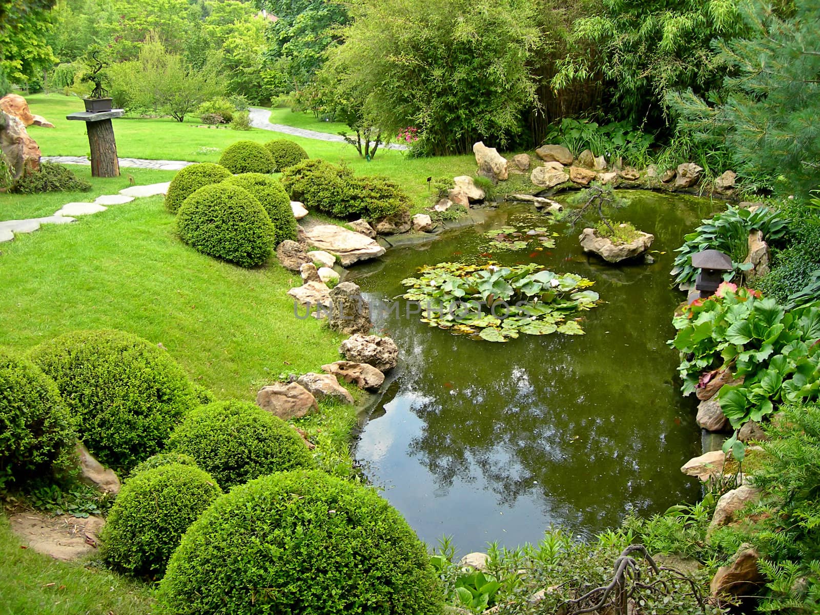           Beautiful japanese garden with pond and path at autumn