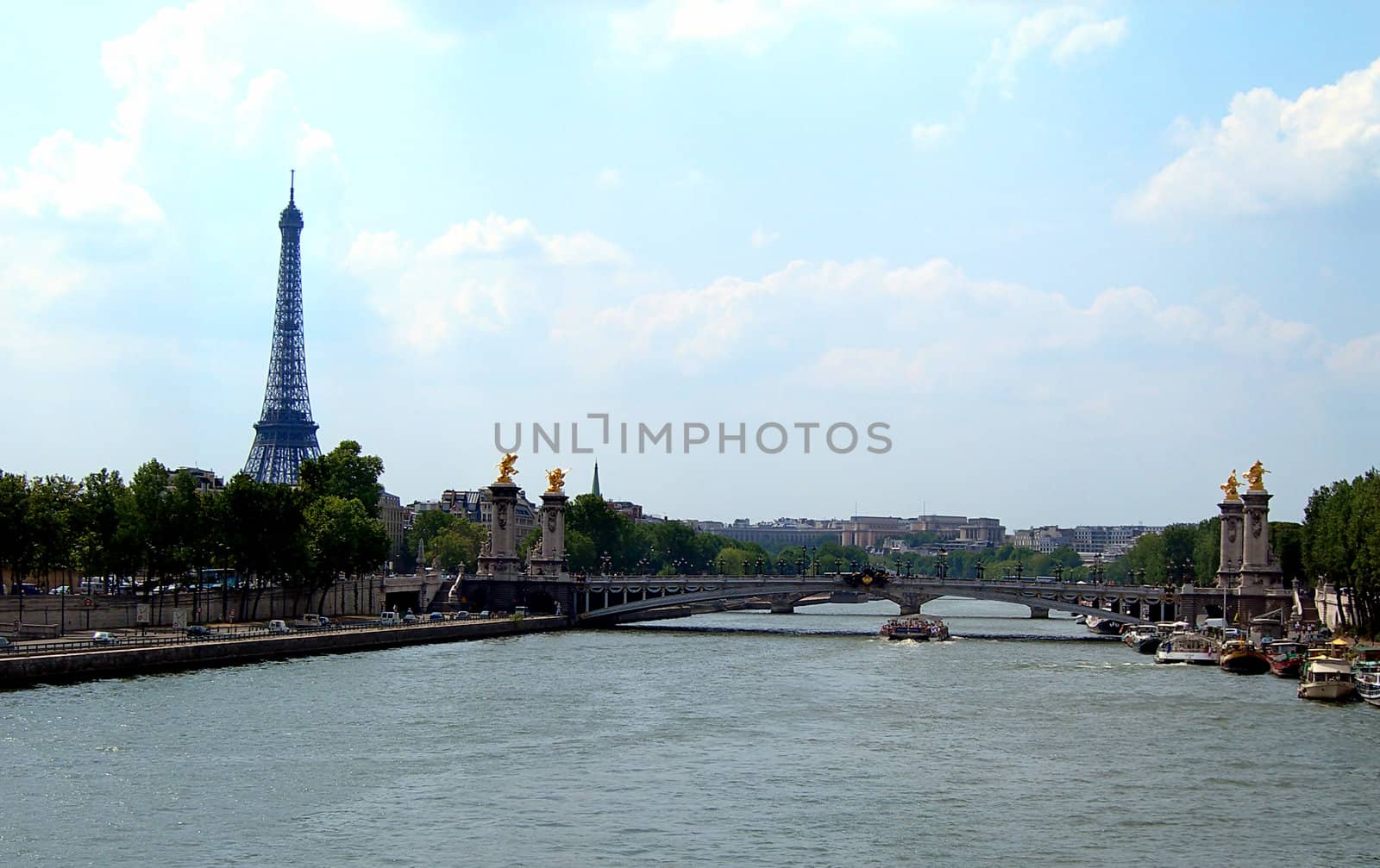 Viex from the river Seine at Bridge of Alexander and a famous Eiffel tower in Paris