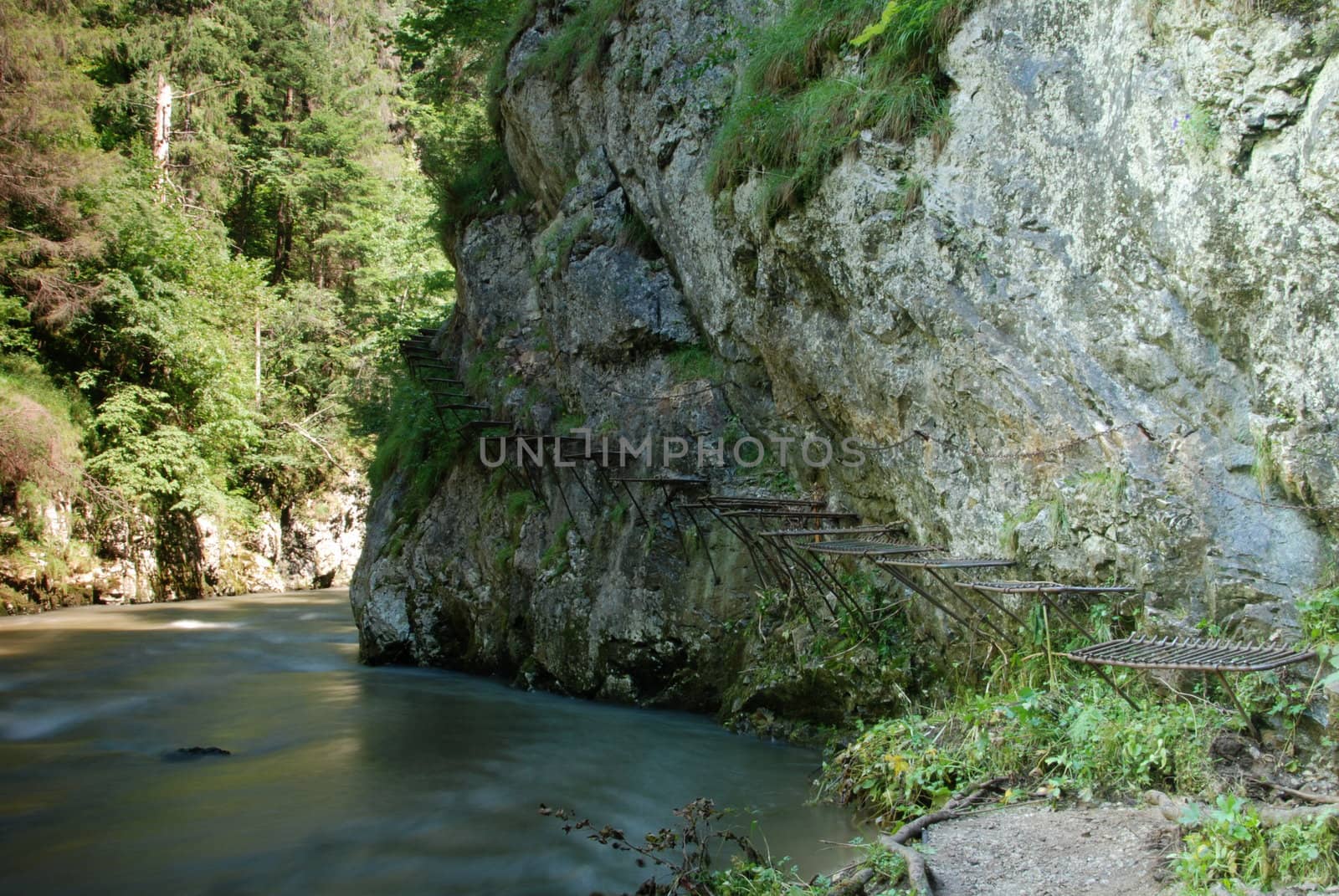 Extreme Adventure in Slovakian National Park Slovensky Raj. Climbing on slippery ledders over wild brook with waterfalls in Sokolia roklina canyon