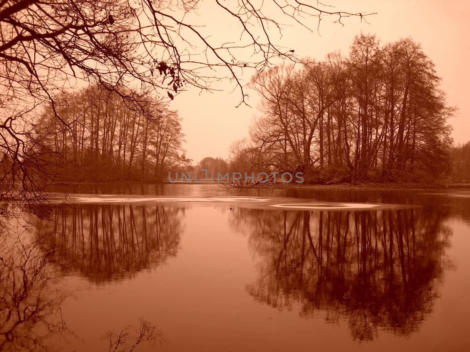  As the winter begun, the lake started to be covered by ice - in sepia   