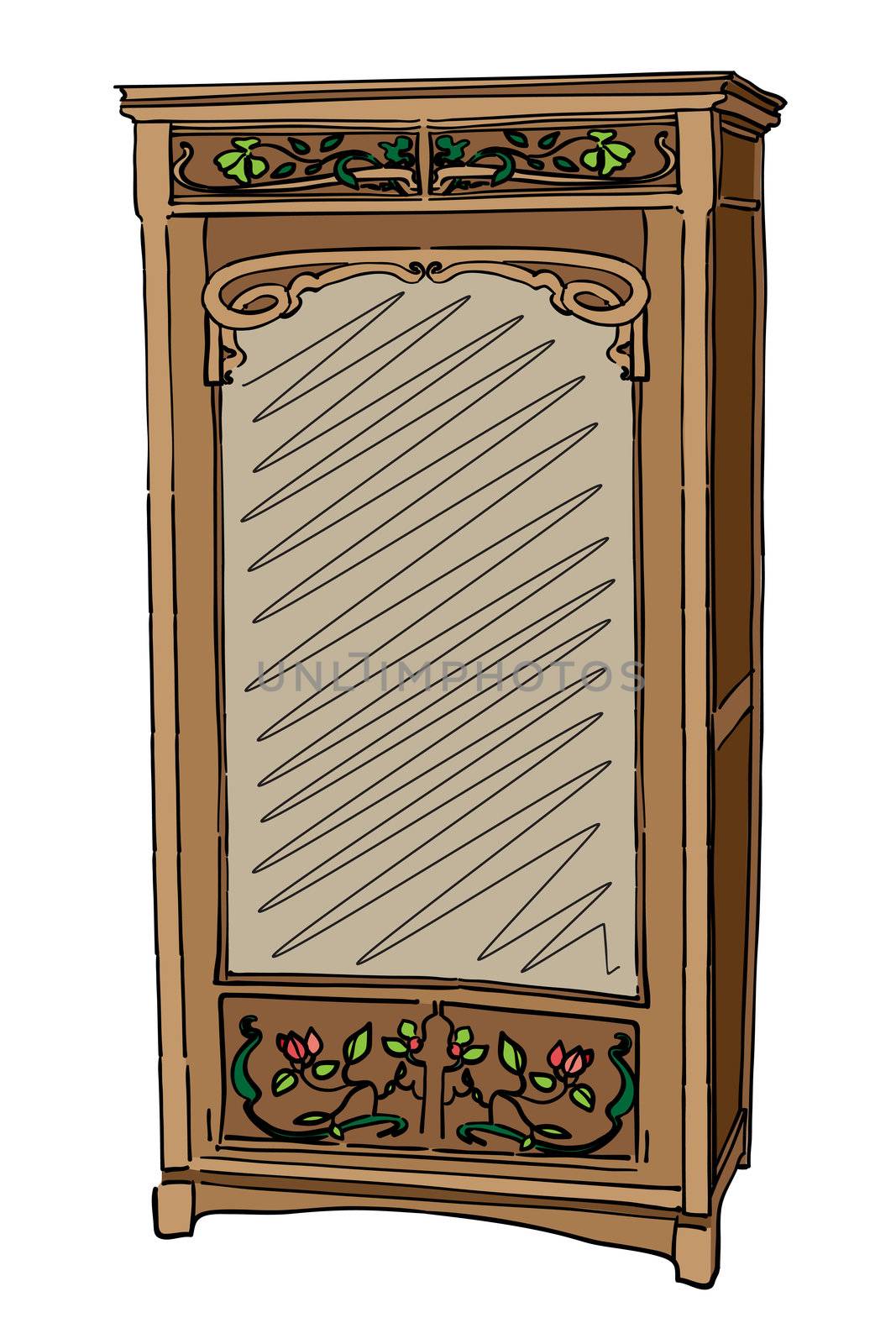 1900 style wardrobe, hand drawn colored illustration isolated on white