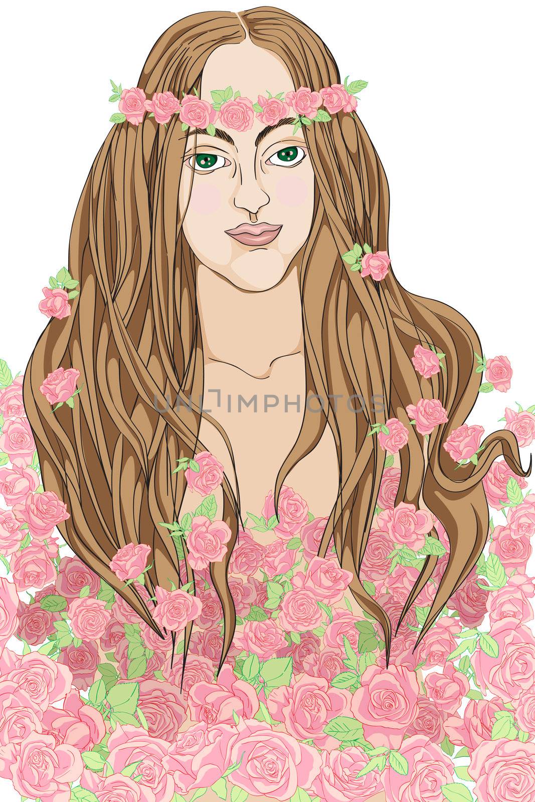 Portrait of a young woman as a fairy covered with roses, hand drawn decorative illustration