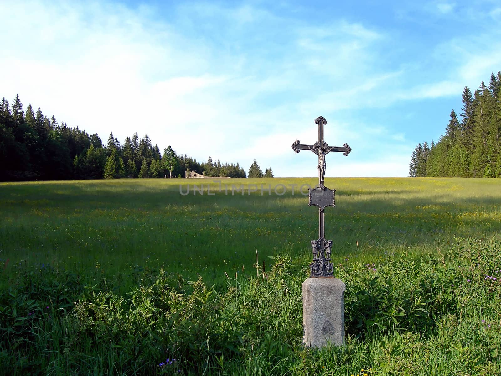   Lonely cross in the middle of meadow      