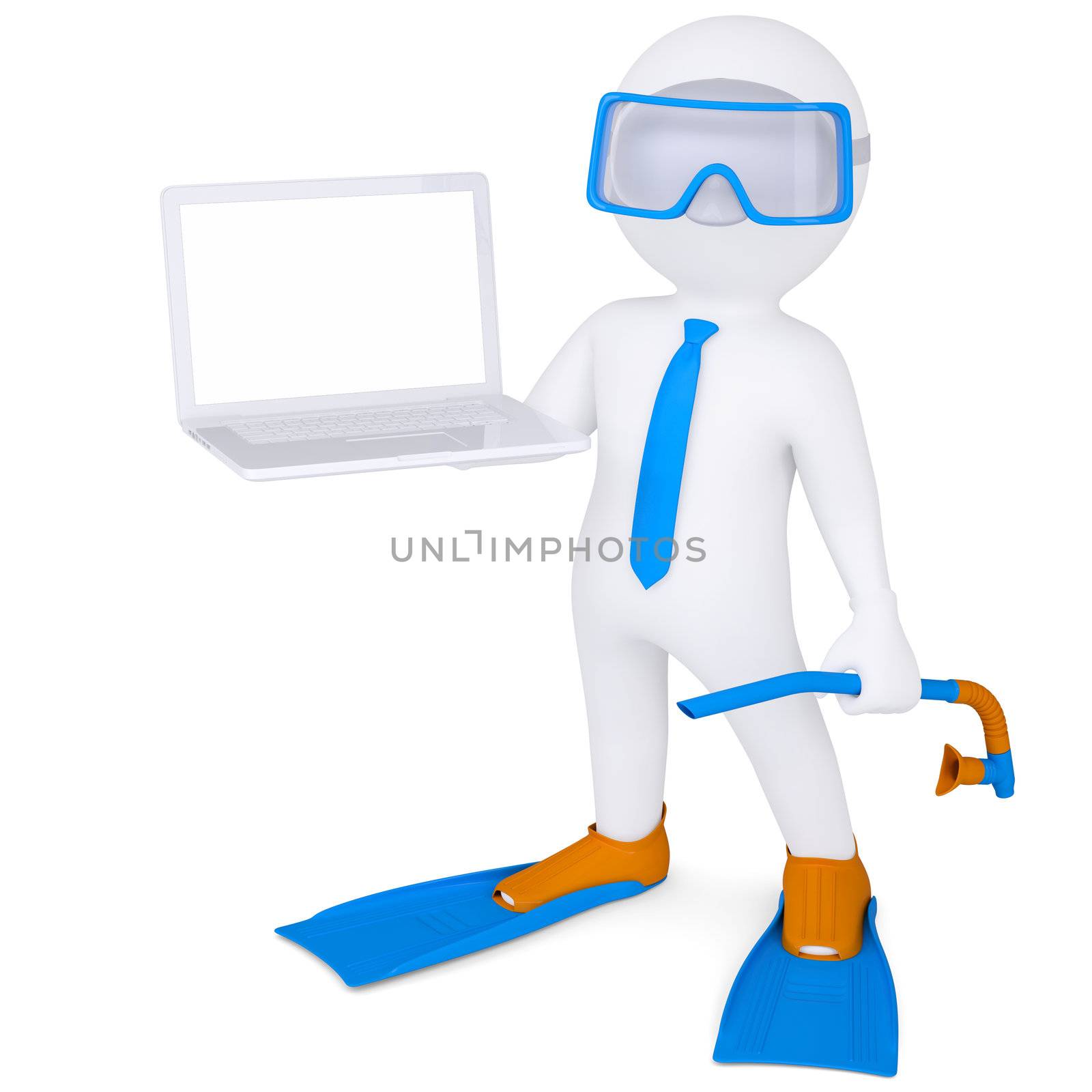 3d white man with a laptop in flippers. Isolated render on a white background