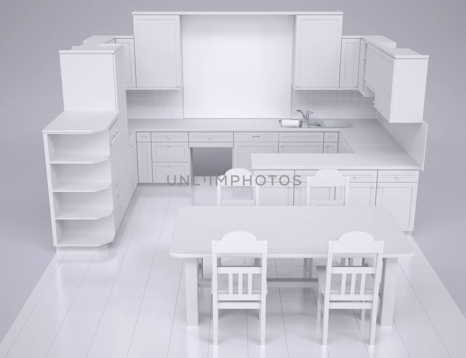White kitchen. Render in the studio on a gray background